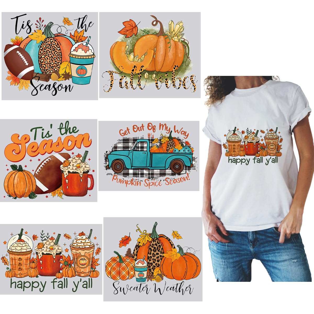 6 Sheets Fall Iron on Transfers Autumn Thanksgiving Iron On Transfers Patches Pumpkin Heat Transfer Vinyl Stickers Maple leaf Iron on Decals DIY Design Craft for T-Shirts Clothing Pillow Clothes Decor