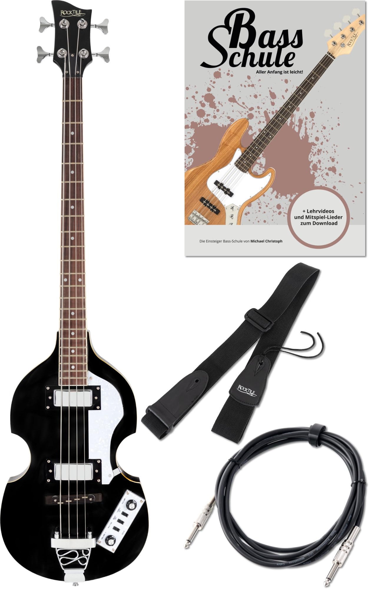 Rocktile VB-2 Black Magic Hollow Body E-Bass Set - Violinbass con 2 Humbucker Pickups - Nero