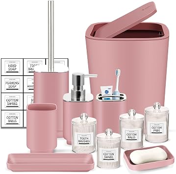 Pink Bathroom Accessories,11Piece Bathroom Set,Tray,Toothbrush Holder,Toothbrush Cup,Soap Dispenser,Soap Dish,Toilet Brush,Trash Can,Qtip Holders for Bathroom Decor and Housewarming Gifts