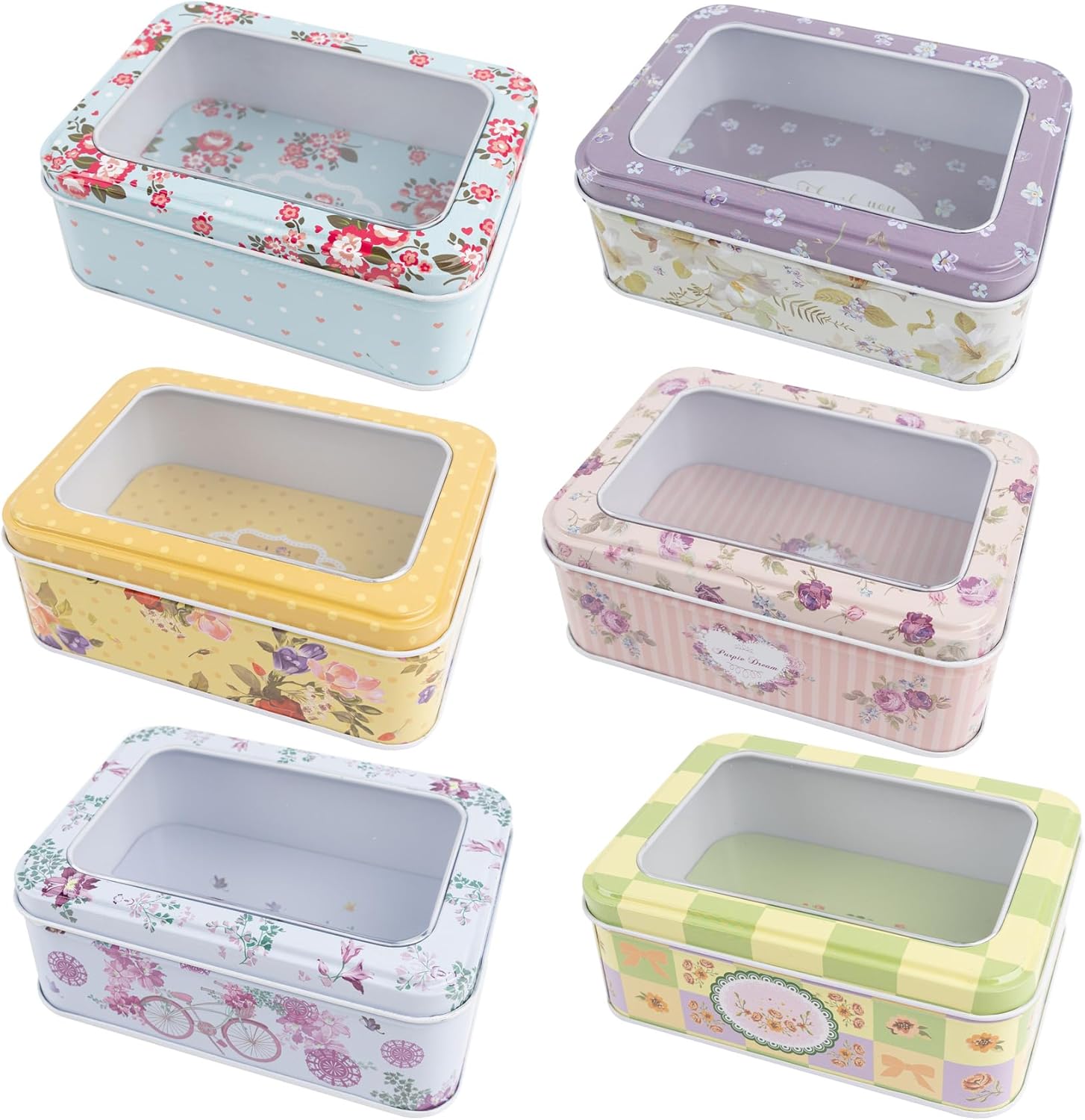 Framendino, 6 Pack Metal Rectangular Tin Boxes Containers Floral Tinplate Organizer With Clear Window for Jewelry Storage Case