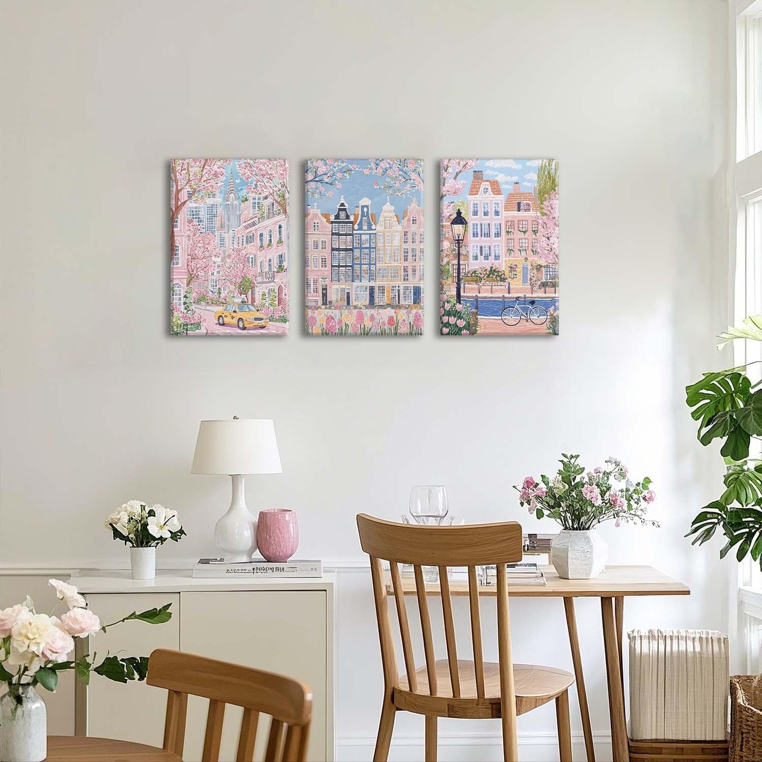 XLARTMY Watercolor City Landscape Travel Wall Art Canvas Framed Pink Cherry Flower Poster Girly Prints Painting Pictures Set of 3 for Bedroom Living Room Office 16x24in