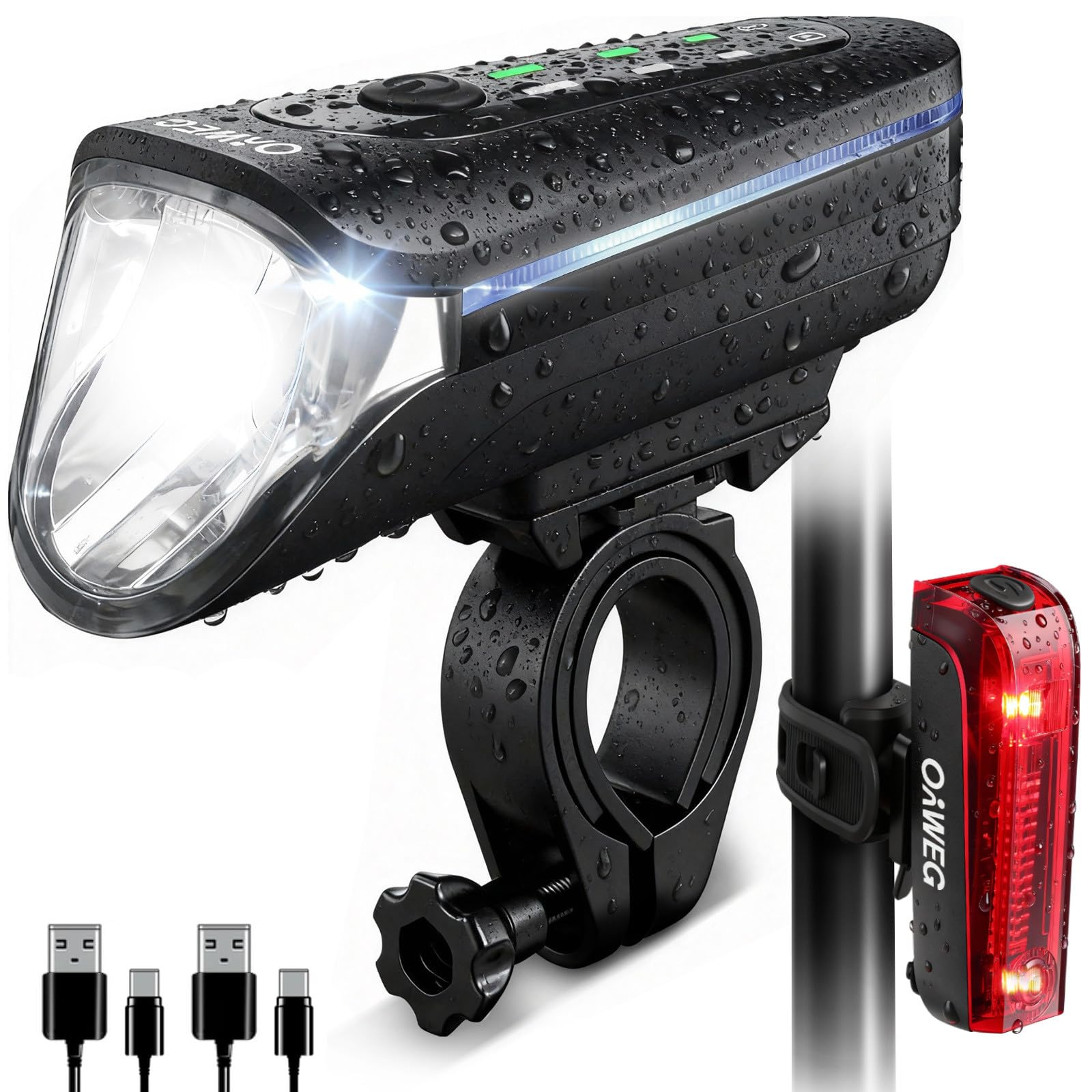 OnWEG Fahrradlicht Set StVZO zugelassen, 100 Lux Frontlicht mit Auto-Modus, Rücklicht mit Bremslicht blinkend, USB-C aufladbar, Akkuanzeige, IPX4 spritzwassergeschützt, einfache Montage