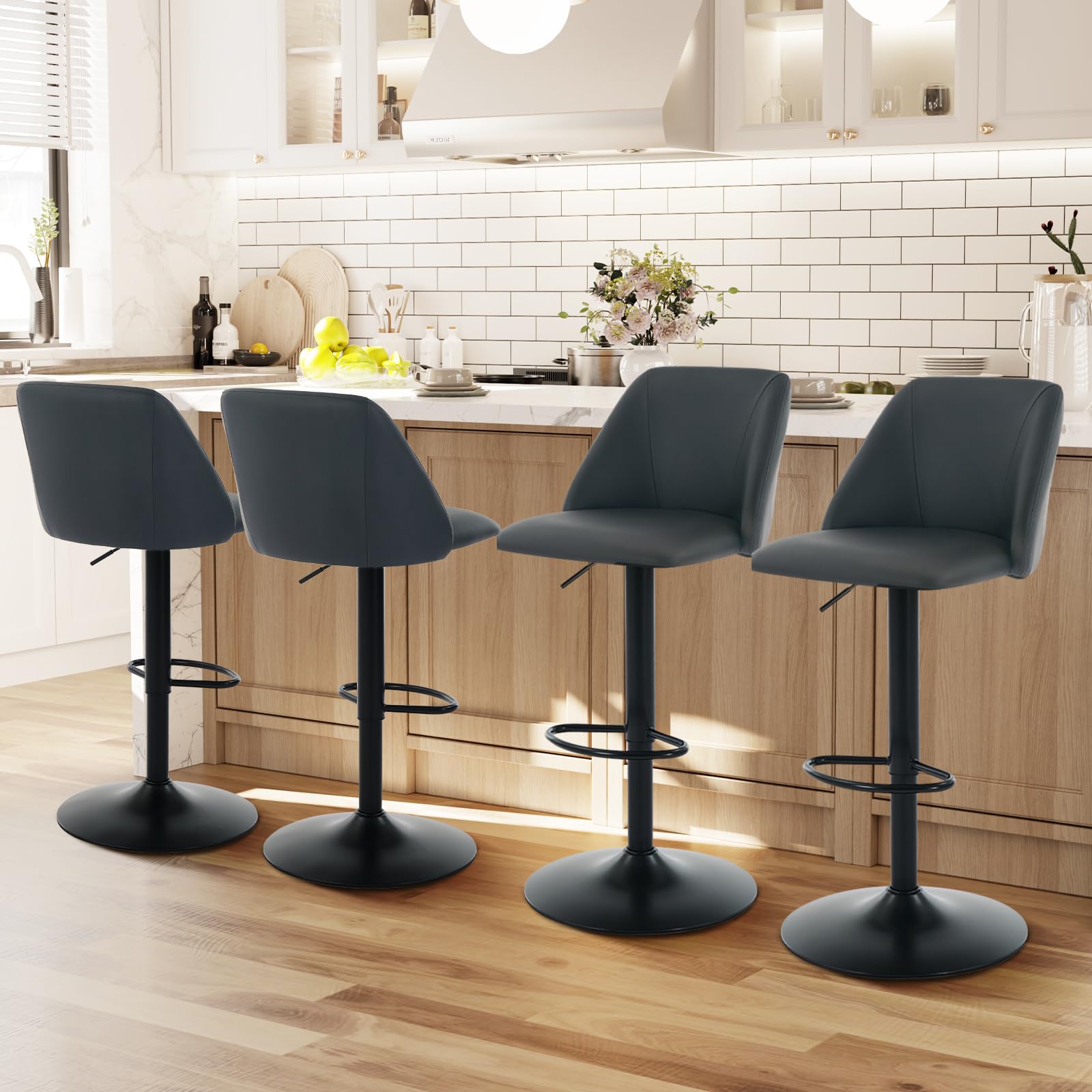 COLAMY 360° Rotating Height Adjustable Bar Stools Set of 4, Modern Kitchen Island Bar Chairs with Backrest, PU Faux Leather Bar Chairs with Footrest - Suitable for Kitchen, Bar, Dining Room, Office
