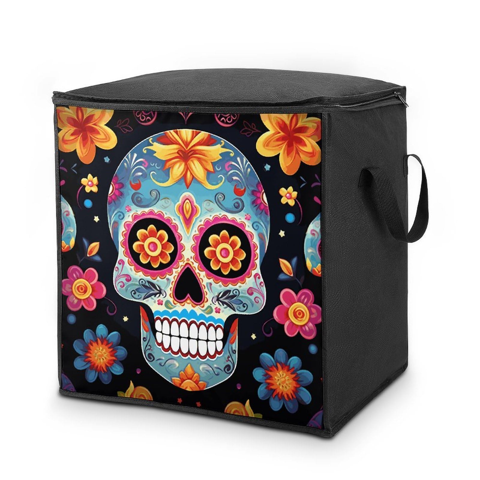Sugar Skulls Storage Bag with Zippers And Handle Extra Large Bedding Comforter Storage Bag Foldable Blanket Storage Bags Fabric Moving Bags for Closet Organizer (70L)