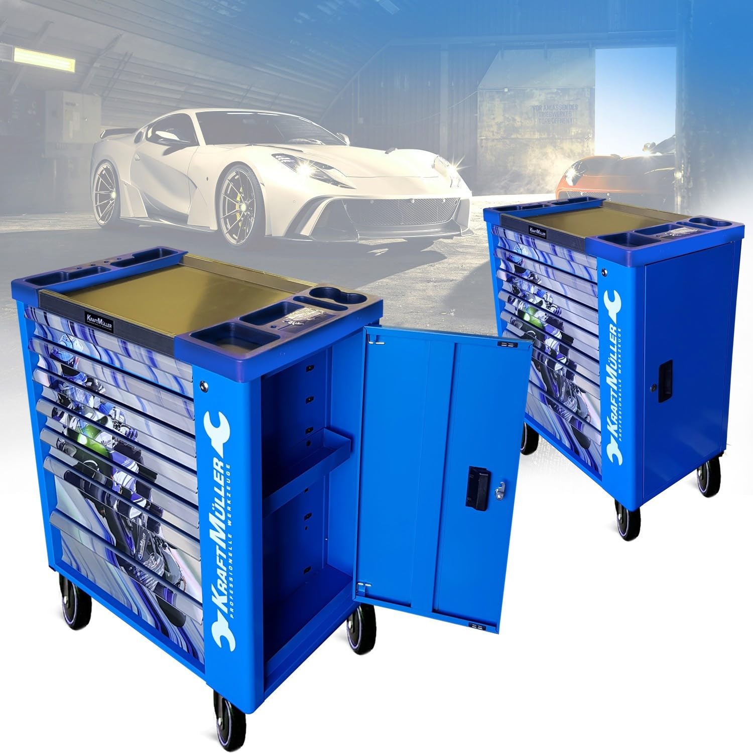 Servante d'atelier Kraft Muller KM-7/6 Racing-Blue Flex Moto GP, 249 Outils Inclus - 7 tiroirs, 6 tiroirs Pleins, 1 Placard