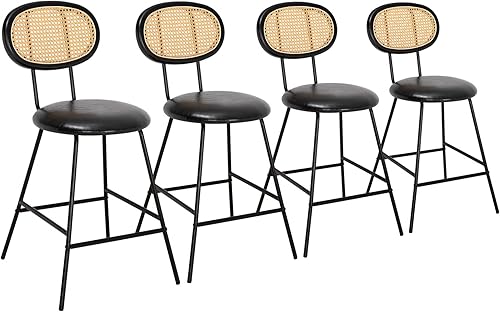 Scurrty Taburete de bar de ratán, taburetes de bar de altura de mostrador, taburetes de bar de cuero para interiores con patas de metal y respaldo