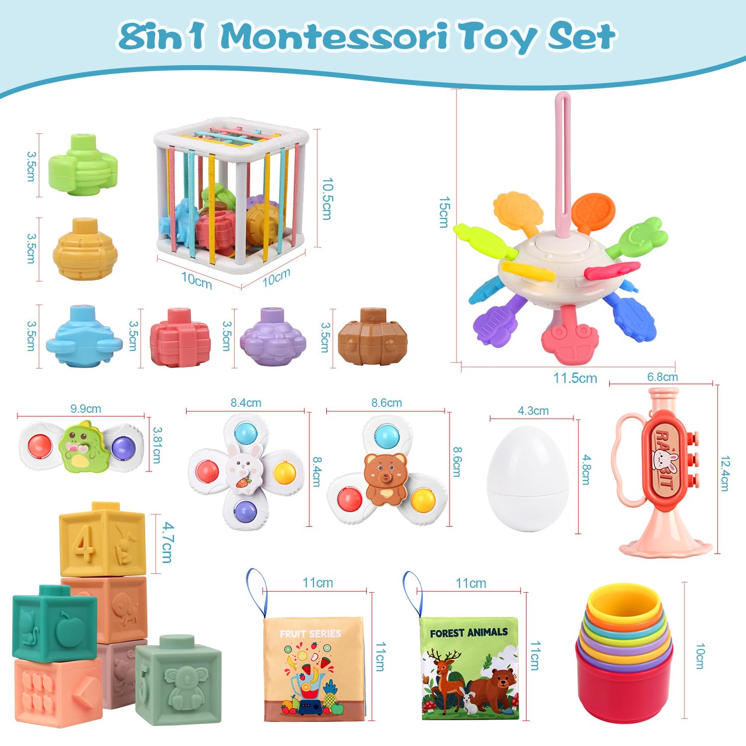 Giochi Neonato 6-9 Mesi, Giochi Montessori 8 in 1, Giocattoli Bambini Sensoriali per Neonati, Blocchi Impilabili, Libri Sensoriali Bambini, UIova da Abbinare, Giochini Regalo 3 6 9 12 Mesi 1 2 3 Anno
