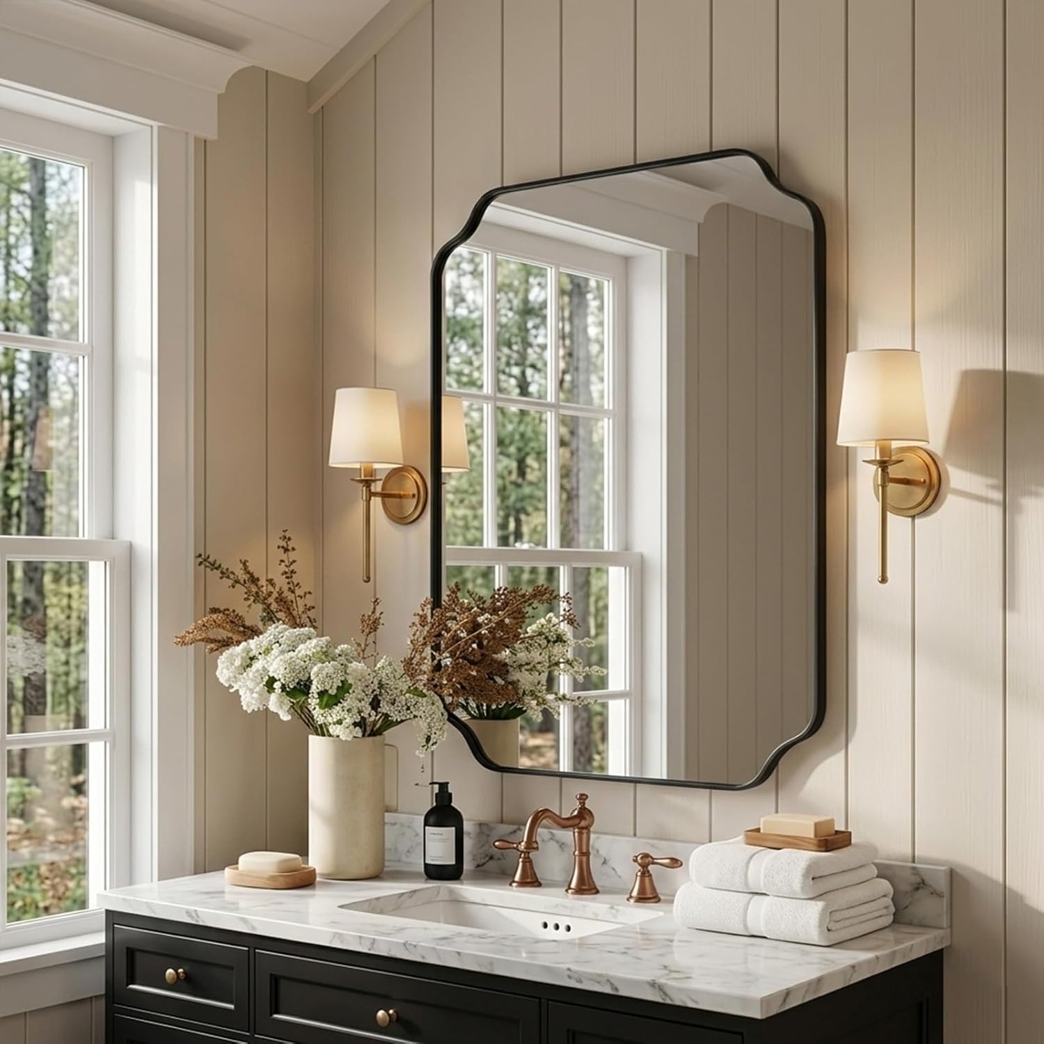 Black Wall Mirror 32"x24", Scalloped Edge Vanity Mirror - Hangs Vertically/Horizontally Decorative Bathroom Mirror for Vanity, Bedroom & Entryway, Aesthetic Bathroom Decor