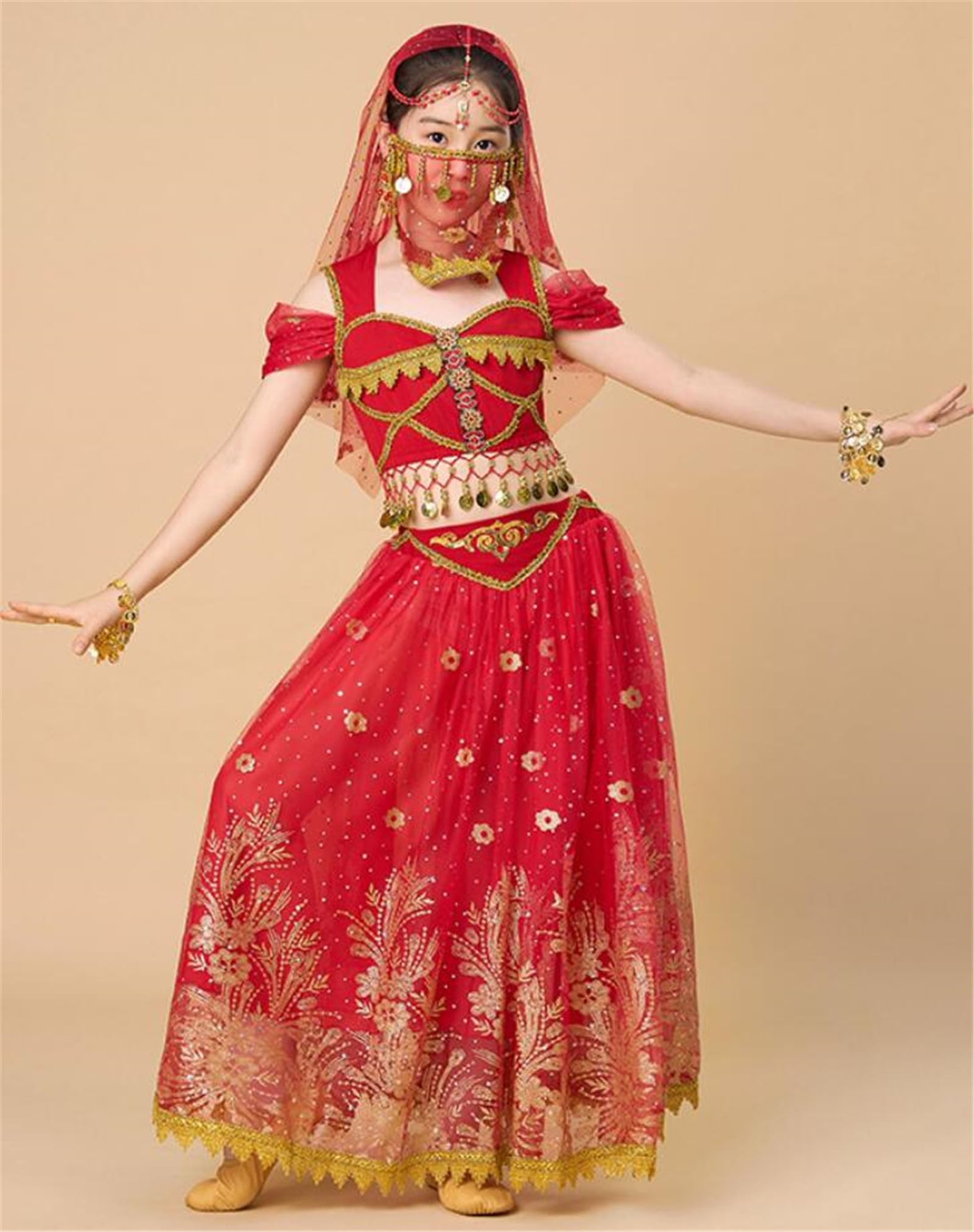 Dziewczęcy Zestaw do Tańca Brzucha 4 Części Bollywood Indyjski Ludowy Dziewczęcy Elegancka Spódnica Na Imprezę Kostium Karnawałowy Występ I Ćwiczenia (T1310)