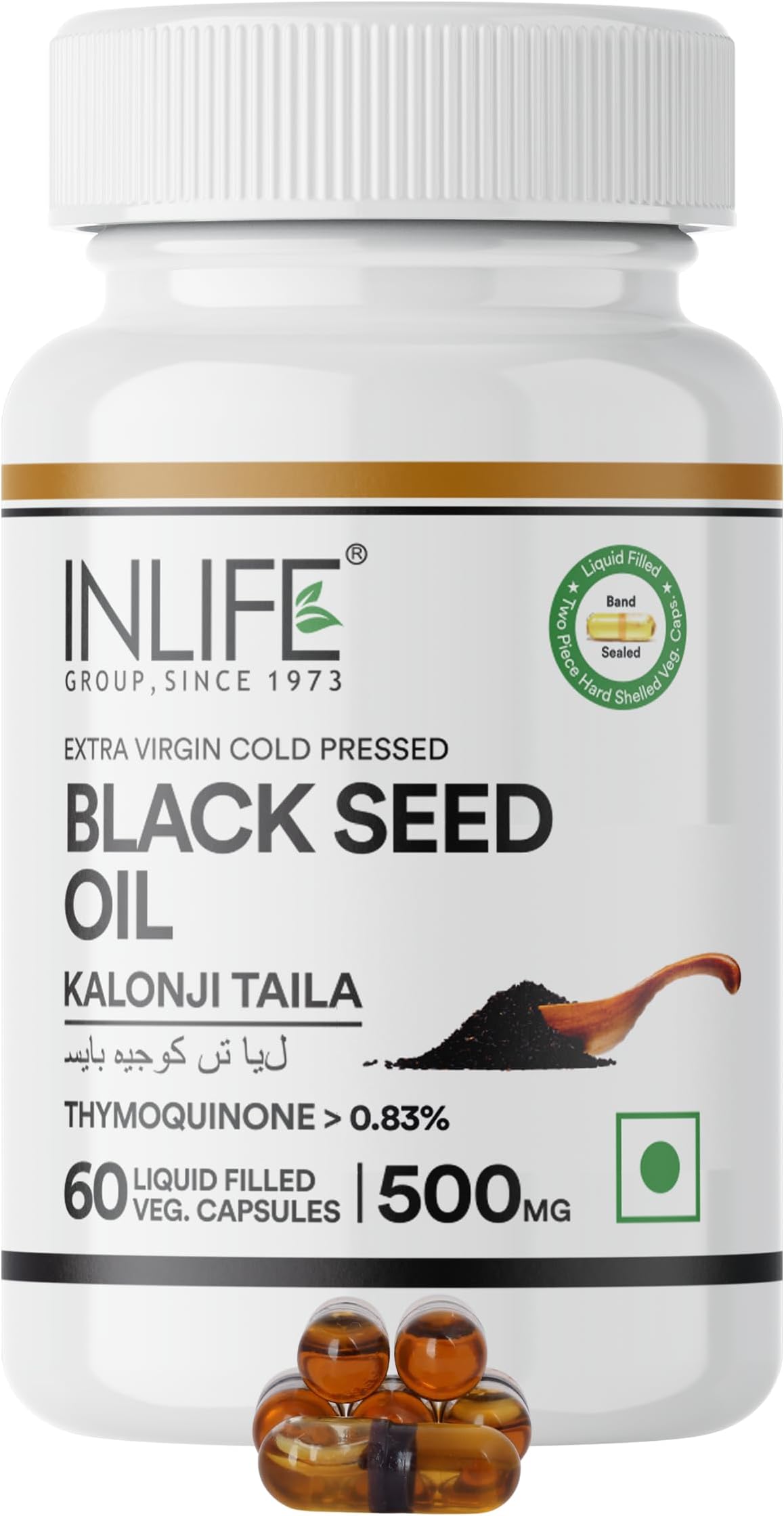 INLIFE Black Seed Oil 500mg, Cold Pressed Kalonji Nigella Sativa, Immunity Skin & Hair Support, 60 Liquid Filled Veg Capsules (Pack of 1)