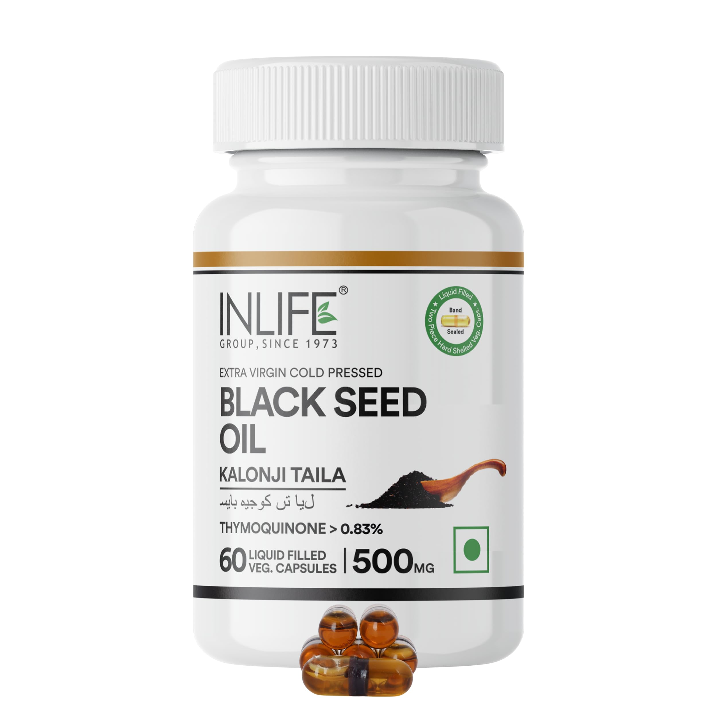 INLIFE Black Seed Oil 500mg, Cold Pressed Kalonji Nigella Sativa, Immunity Skin & Hair Support, 60 Liquid Filled Veg Capsules (Pack of 1)