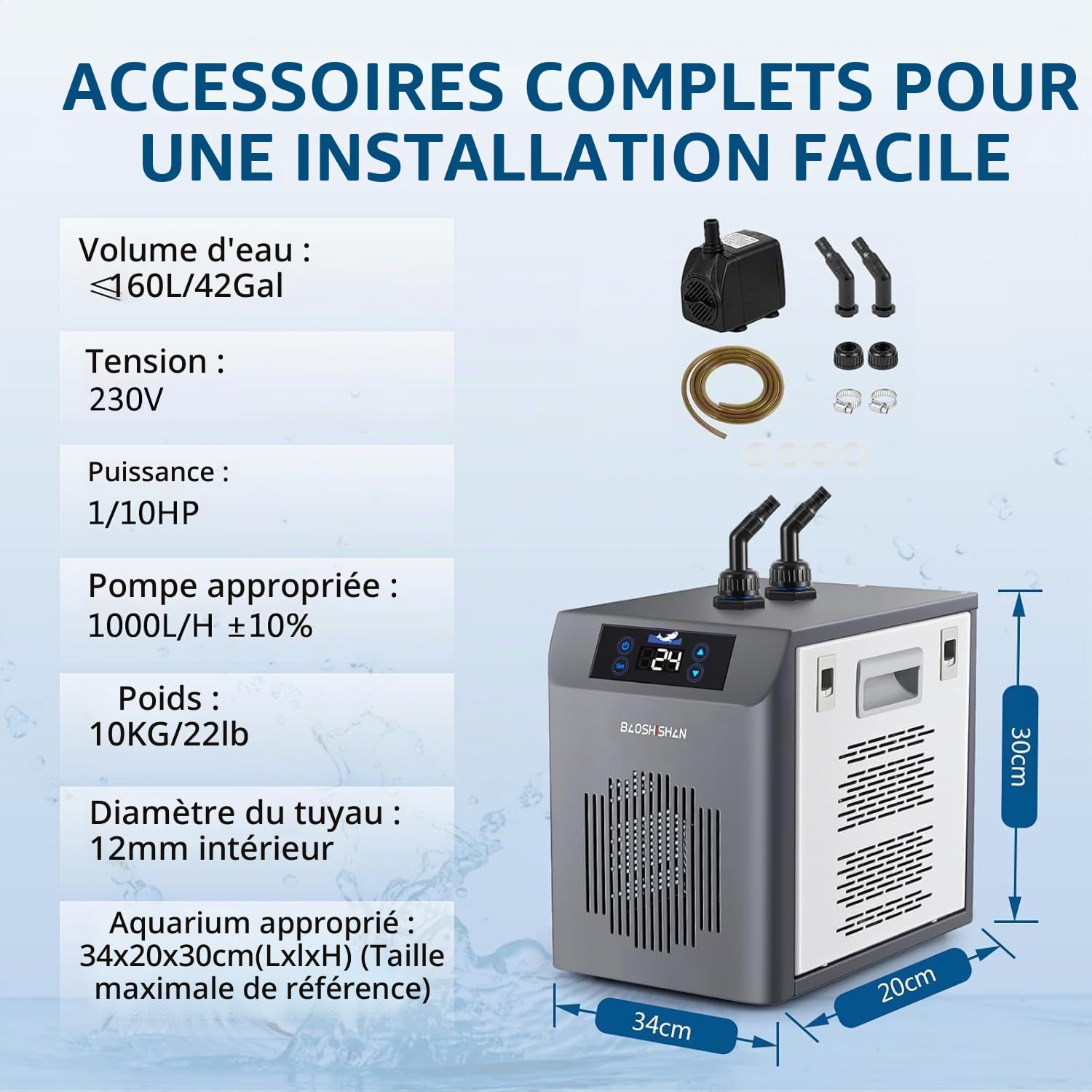BAOSHISHAN Refroidisseur d'aquarium 160 L, 20‑26 °C | Écran tactile, panneau latéral amovible pratique, pour axolotls/coraux/hydroponie intérieure, eau douce et eau de mer