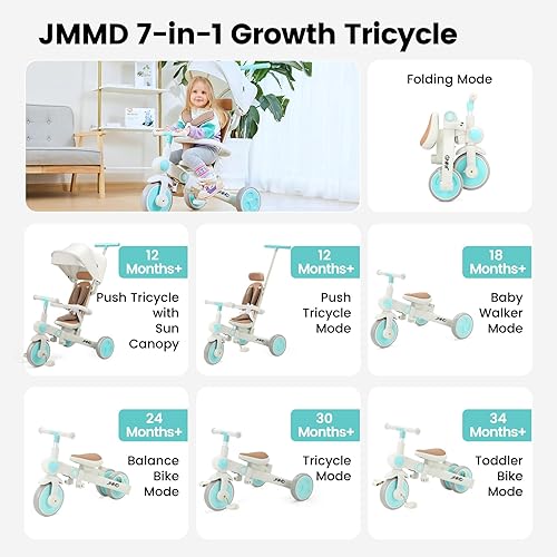 Miniatura 2 de Triciclo para bebé, 7 en 1 multifuncional para niños con mango ajustable para padres, arnés de seguridad y frenos de rueda, toldo extraíble,