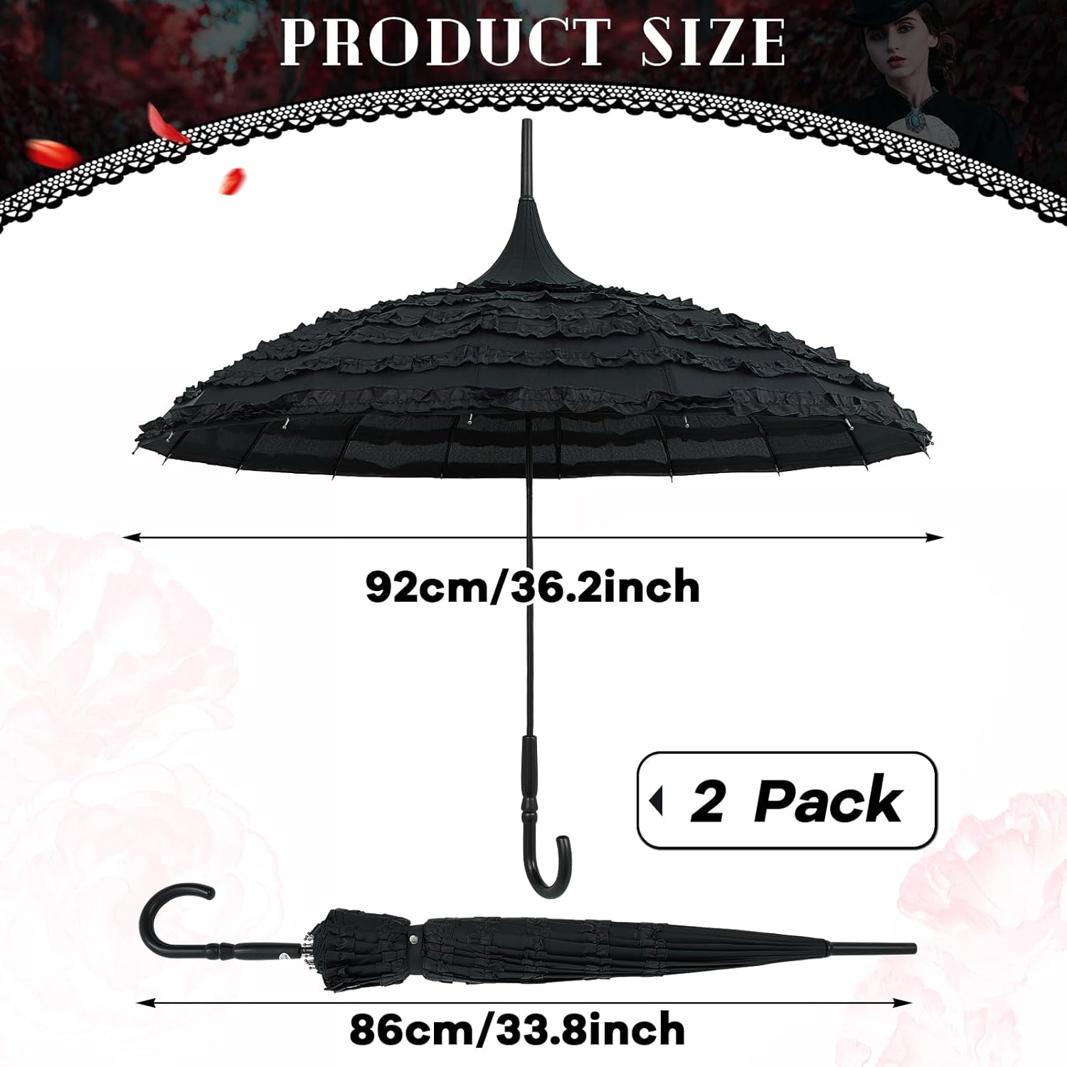 Abbylike 2 Pcs Black Pagoda Parasol Umbrella 47.2 Inch Halloween Vampires Elegant Lace Victorian Sunproof Parasol for Sun Rain Protection Wedding Cosplay Party Photoshoot Decor Gothic Enthusiasts