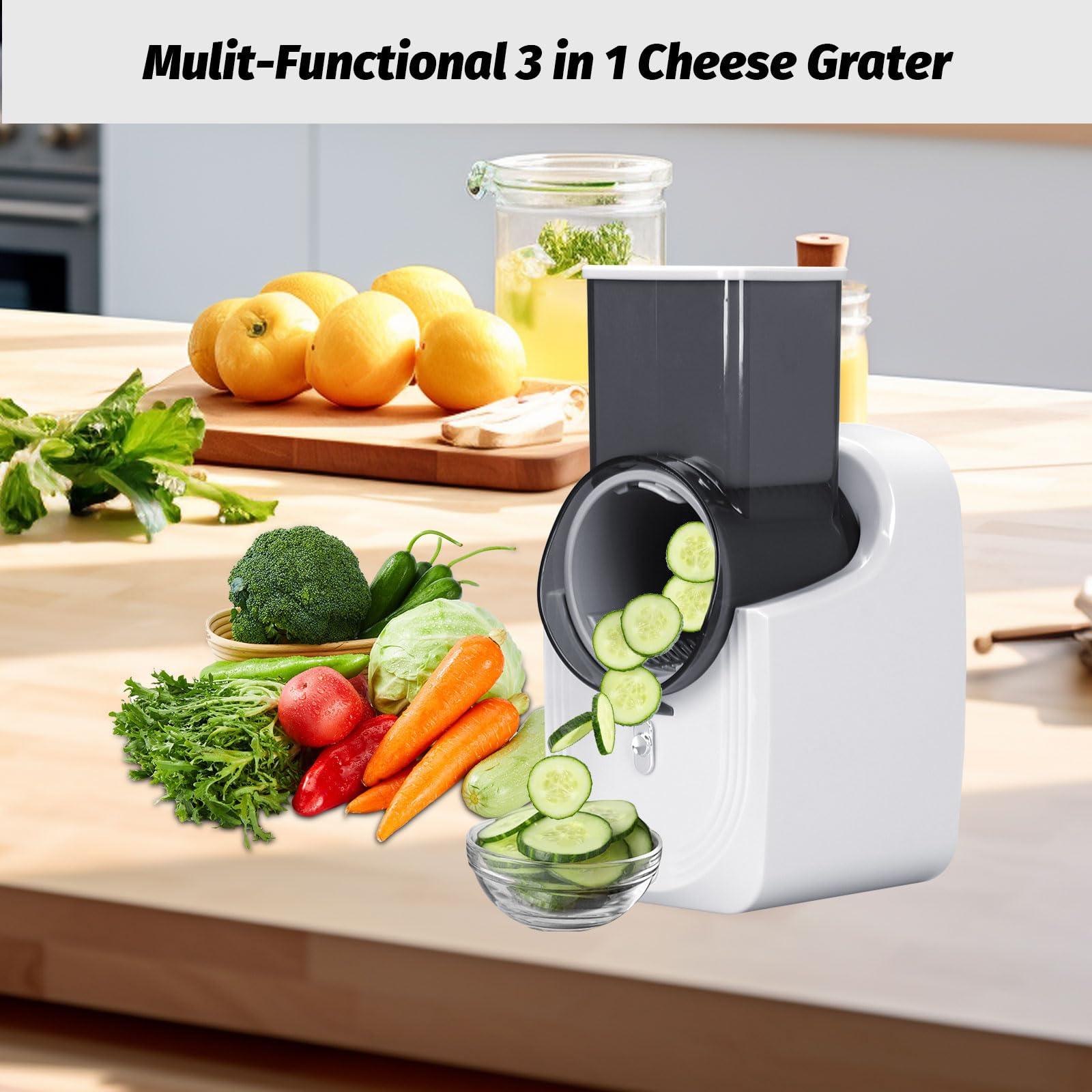 Mandolina Affettatrice di Patate Verdure, Affettatrice Elettrica e Tagliaverdure, Tritatutto per Insalata di Verdure con 3 Lame Grattugia Rotativa per Affettare Verdure Facile Verdura e Frutta