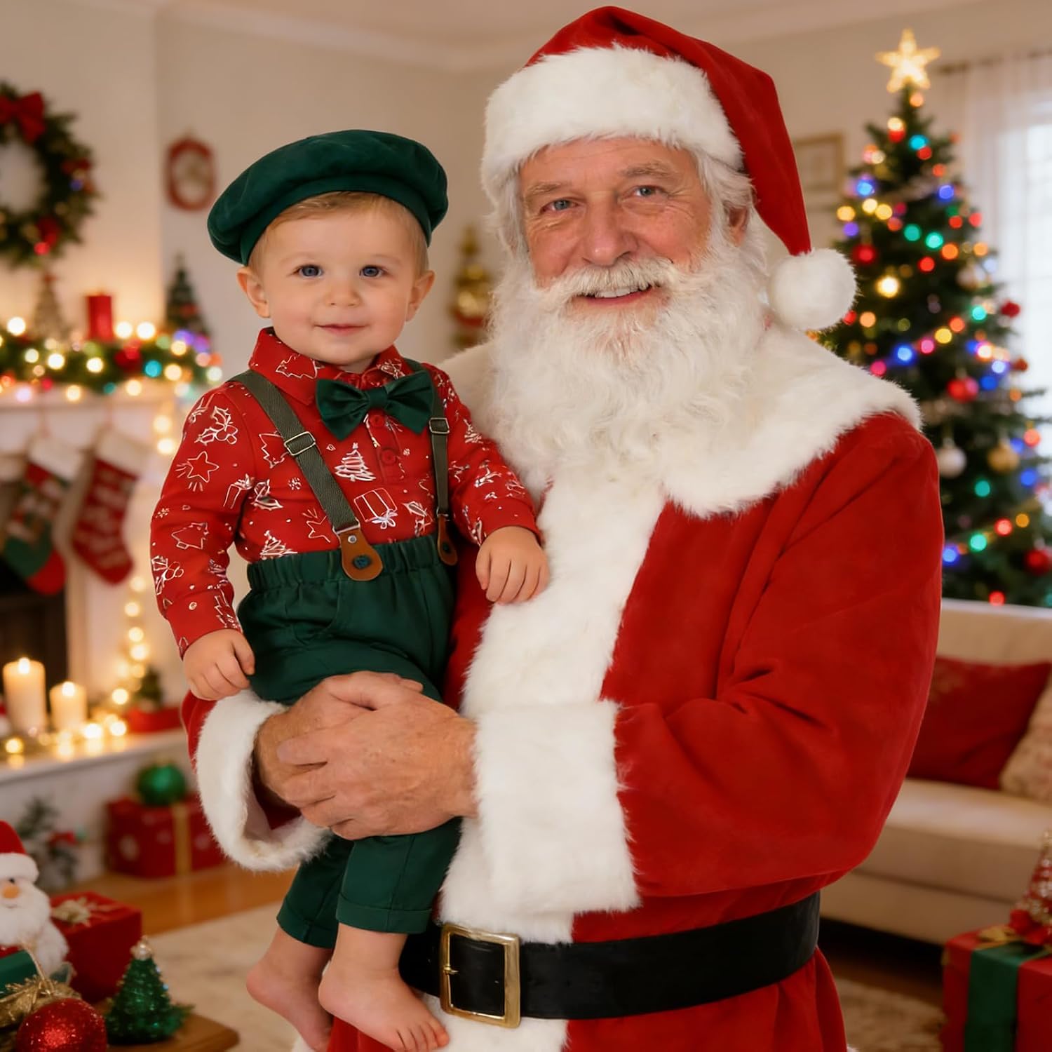 Winmany Baby Boy Christmas Outfit 4PCS Holiday Set Bodysuit Bow Tie Hat & Suspender Pants Infant Toddler Formal Clothes