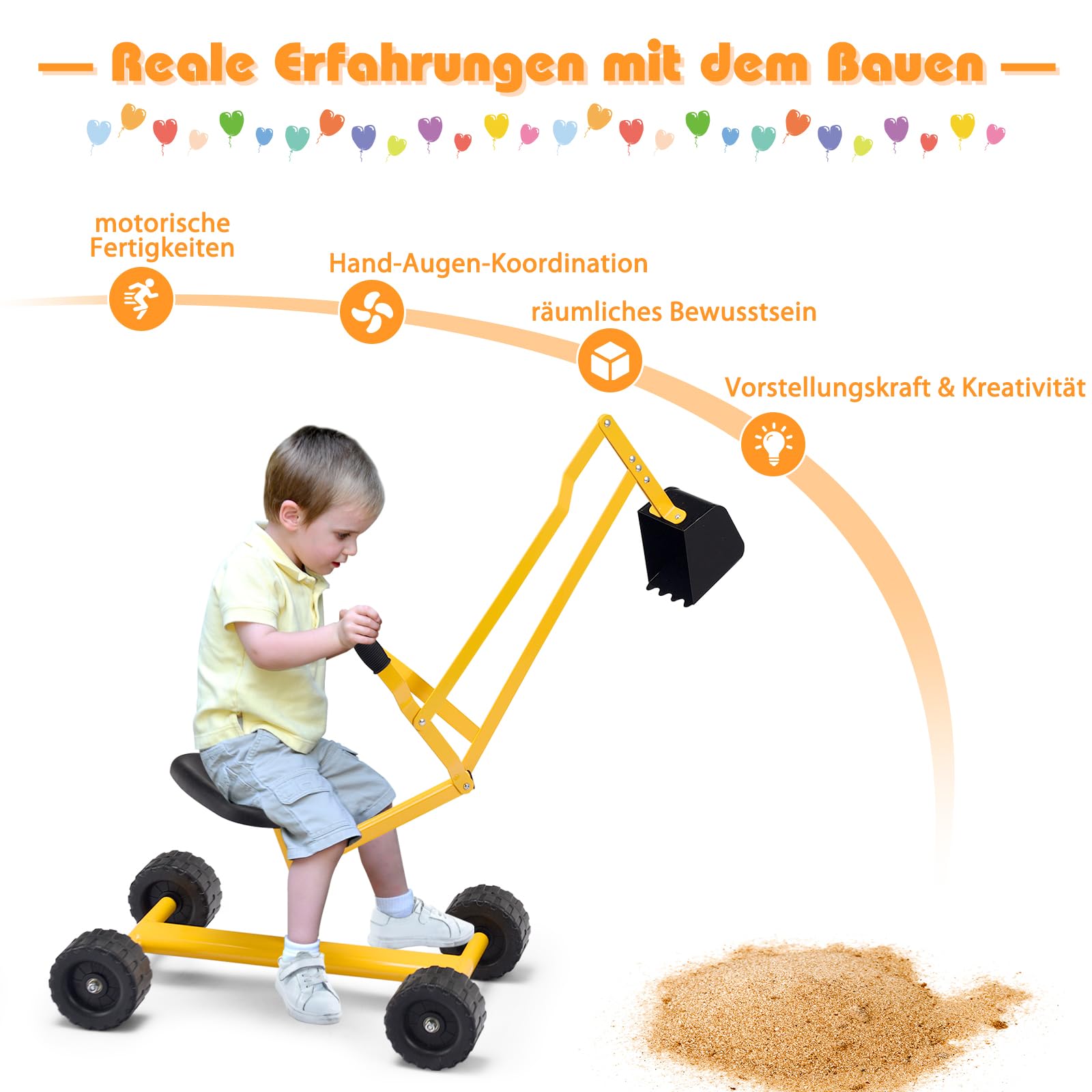 GOPLUS Dziecięca koparka do siedzenia, koparka do piasku, z siedziskiem obrotowym o 360°, dużą szuflą i gumowymi uchwytami i 4 kółkami, koparka dla dzieci od 3 lat (żółta)