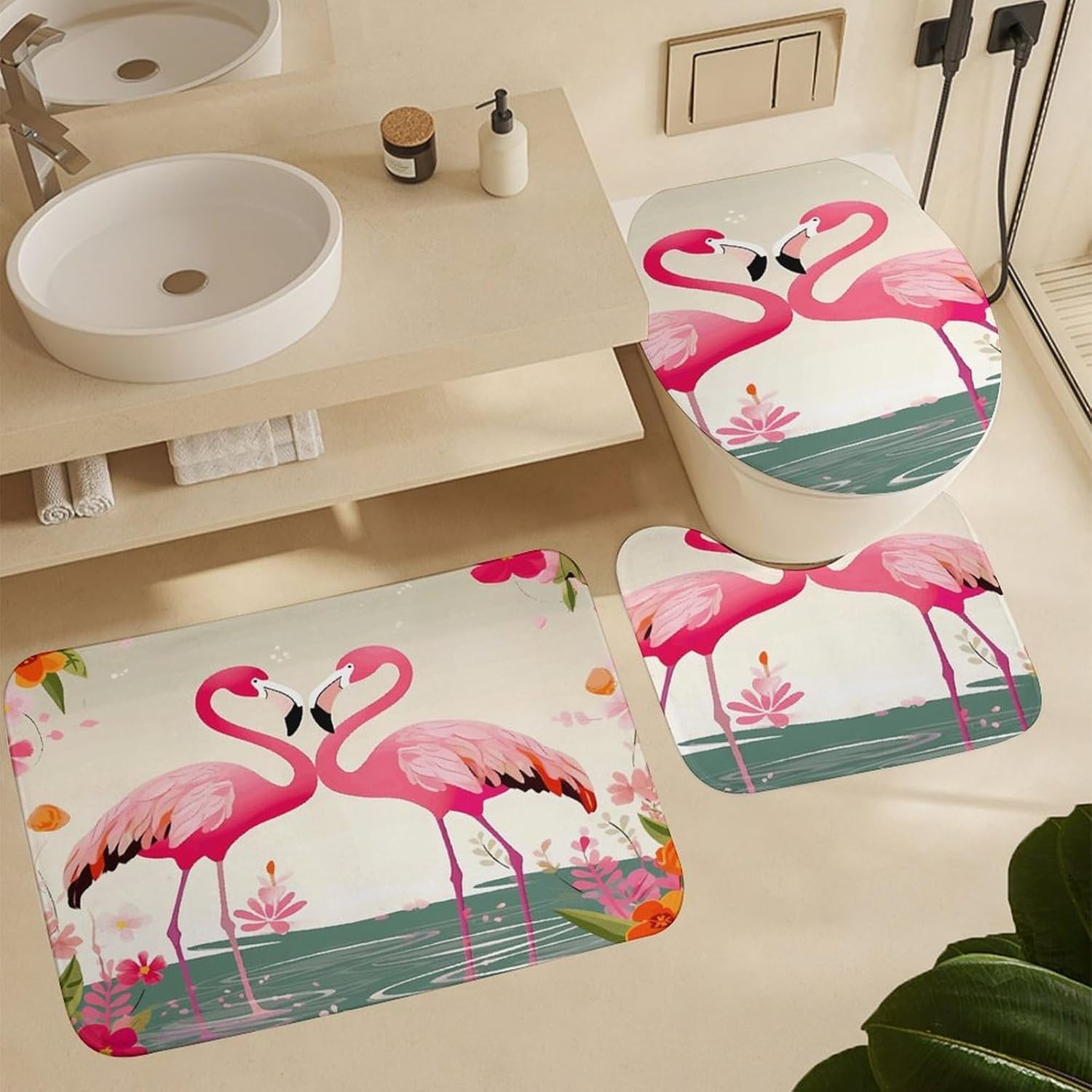 Flamingos and Flowers 4Pcs Shower Curtain Set with Non-Slip Rugs, Toilet Lid Cover and Bath Mat,Bathroom Set Decor Accessories,Curtain Set with 12 Hooks, 72 X 72 Inch