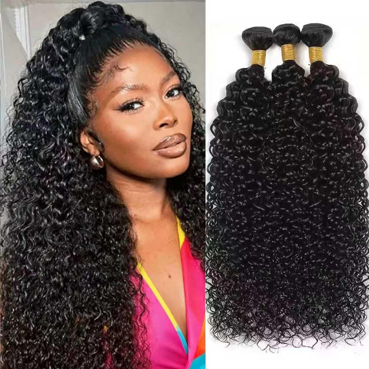Kinky Curly Bundles Human Hair Pelo Rizado Para Extensiones Mechones Trenzas Natural Cabello Humano Extensión de Cabello Humano Negro Natural 141618 Pulgadas 3 Bundles 210g