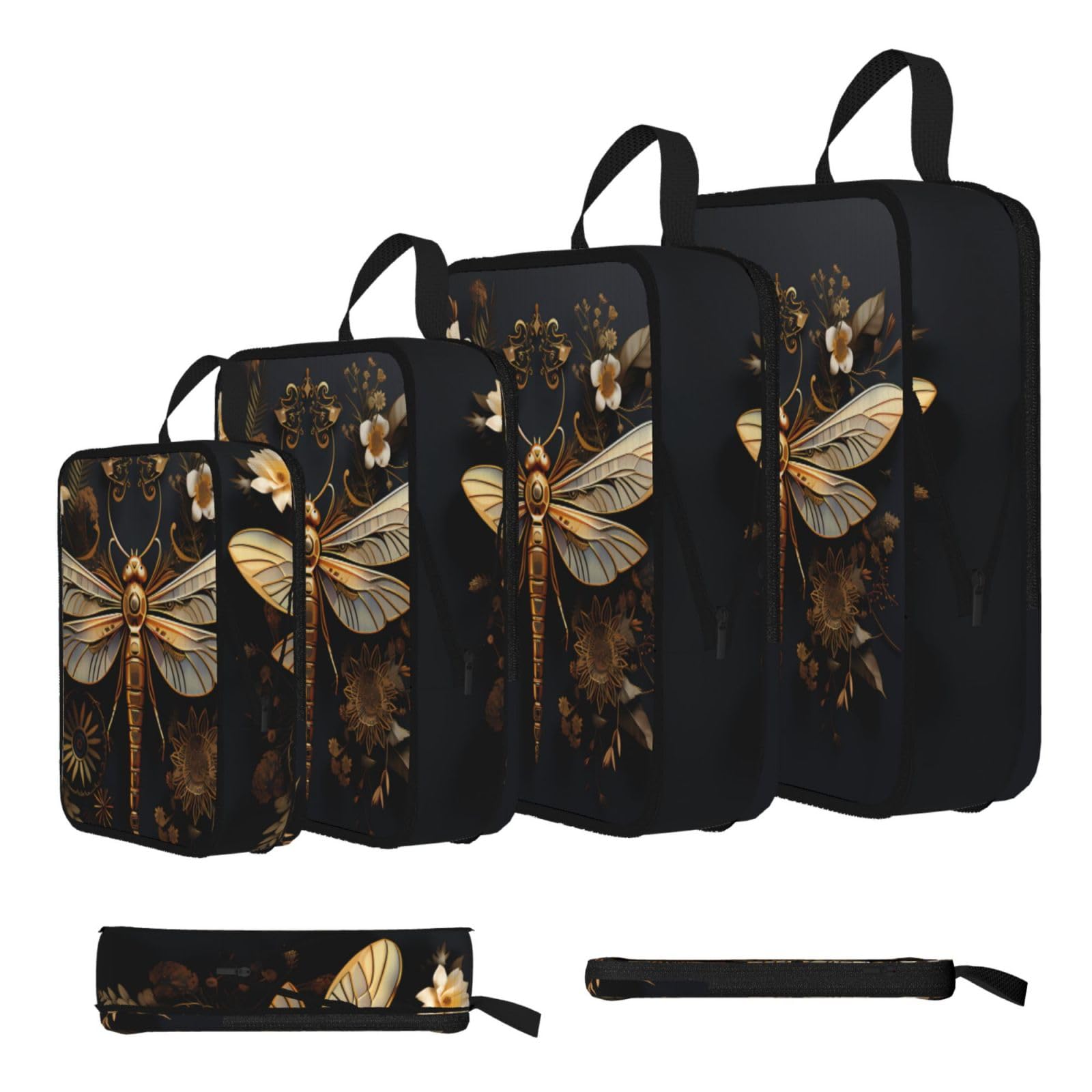 Sxzvvbn Black Gold Exquisite Dragonfly Compression Packing Cubes 4 Piece Set