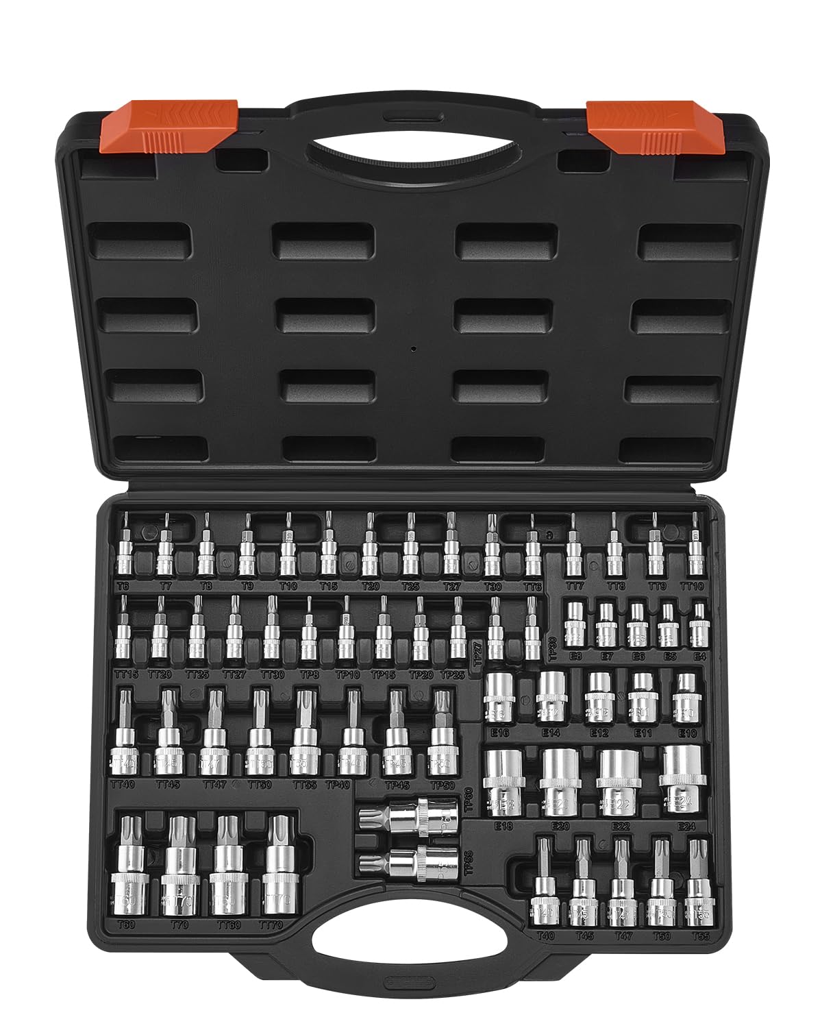 VEVOR Torx Bit Socket and External Torx Socket Set, 60-Piece T6-T70, TT6-TT70, TP8-TP60, E4-E24, S2 Alloy Steel and Cr-V Steel, 1/4 in, 3/8 in, and 1/