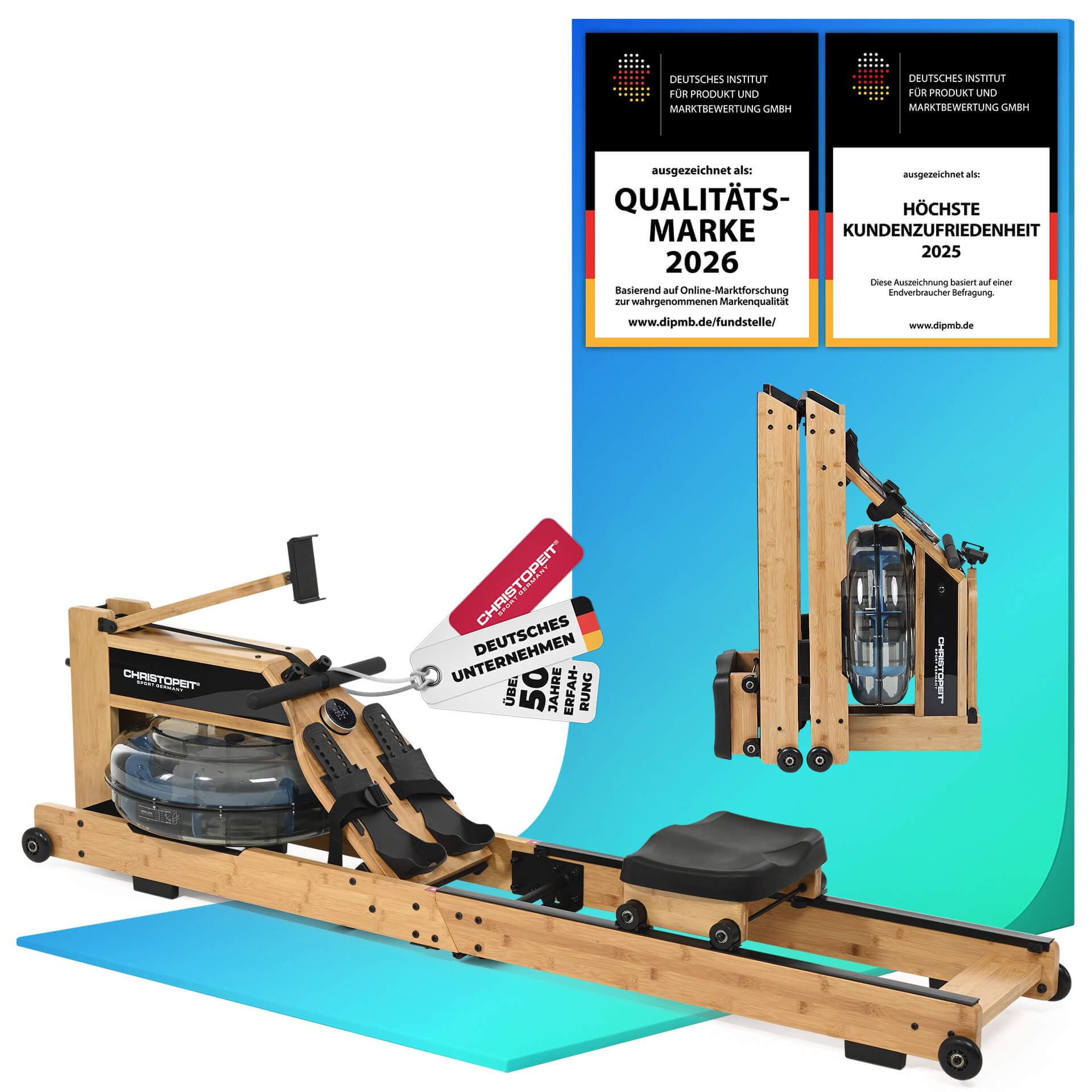 CHRISTOPEIT Rudergerät für Zuhause Wasser klappbar - WP 5000 (Testsieger) oder Colorado - Holz, Hybrid Wasser-Magnet-System, Kinomap, Bluetooth, bis 150 kg, ergonomisch