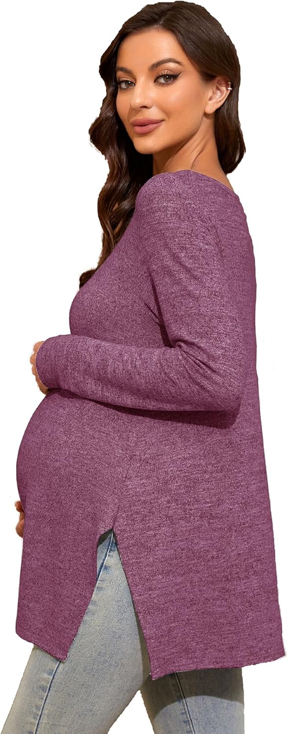 Smallshow Women's Maternity Shirts Side Split Long Sleeve Pregnancy Tops Clothes - Image 2
