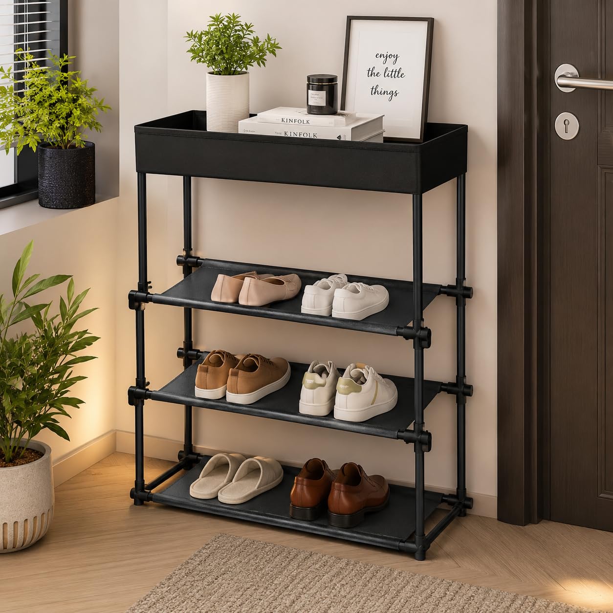 Pure Source India 4 Tier Shoe Rack Organizer with Top Storage Shelf, Metal Shoe Stand for Entryway, Closet, Bedroom & Hallway, Space Saving Storage Rack, Black-image-28
