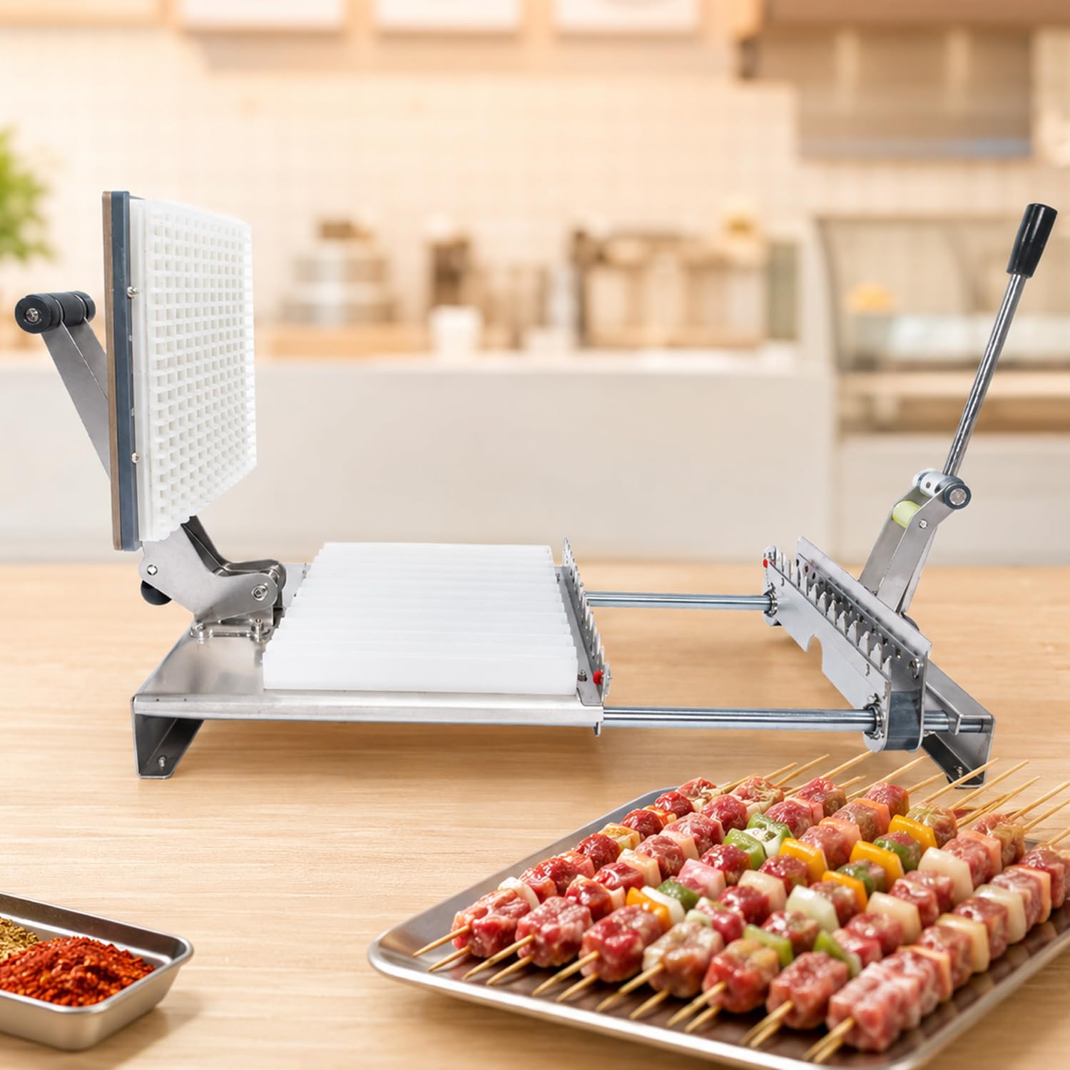 HiJiuAn Bbq Bamboo Skewer Meat Making Machine, 8/12 Holes Manual Mutton Kebab Machine, Adjustable Design, Stainless Steel, Fits All-length Bamboo/metal Skewers, For Outdoor Picnic Camping 12 Skewers
