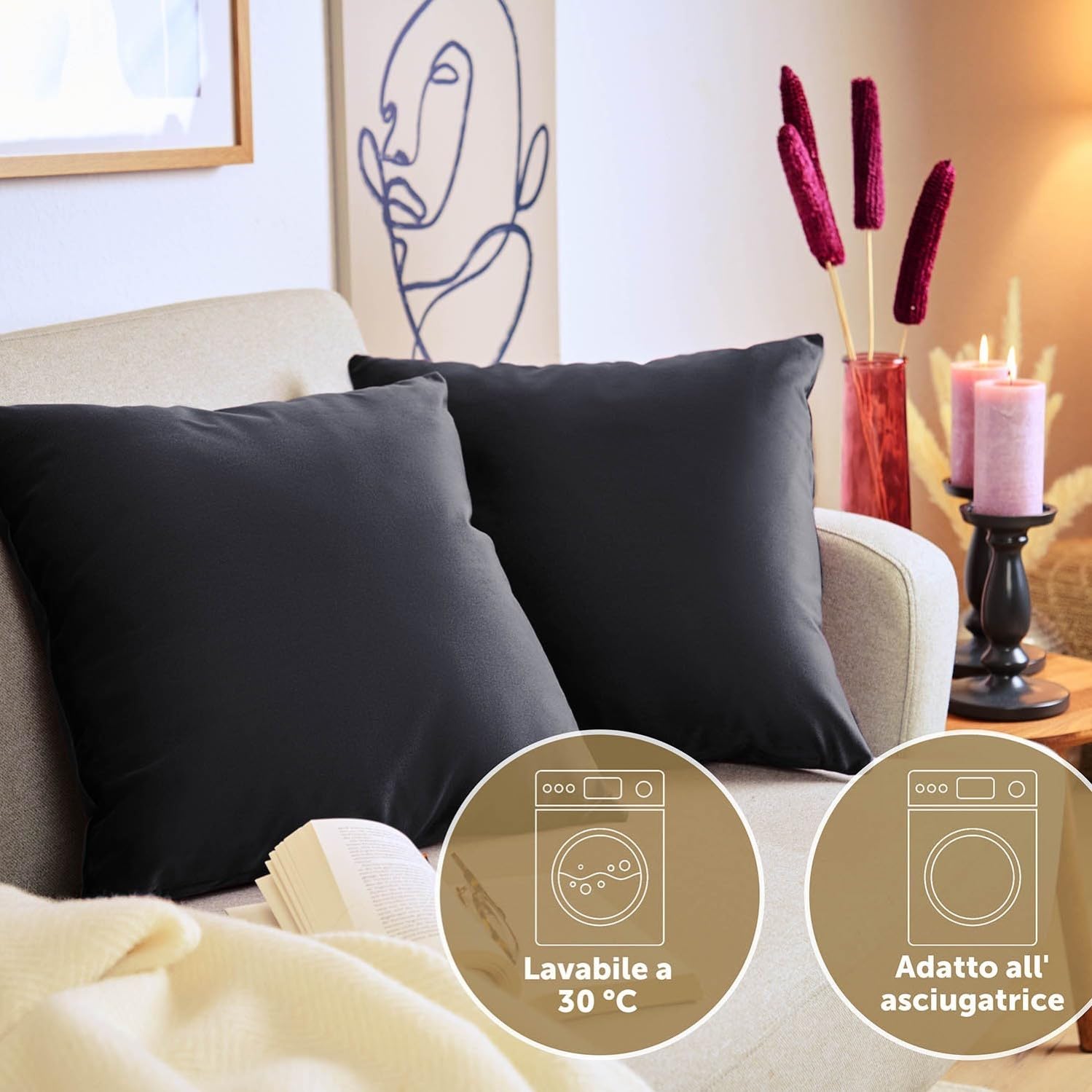 Blumtal Set di 2 Federe Cuscini Divano 40x60 cm in Velluto, con Chiusura Lampo Invisibile, Eleganti Copricuscini Divano in Morbido Velluto,Taglia 40 x 60, Nero