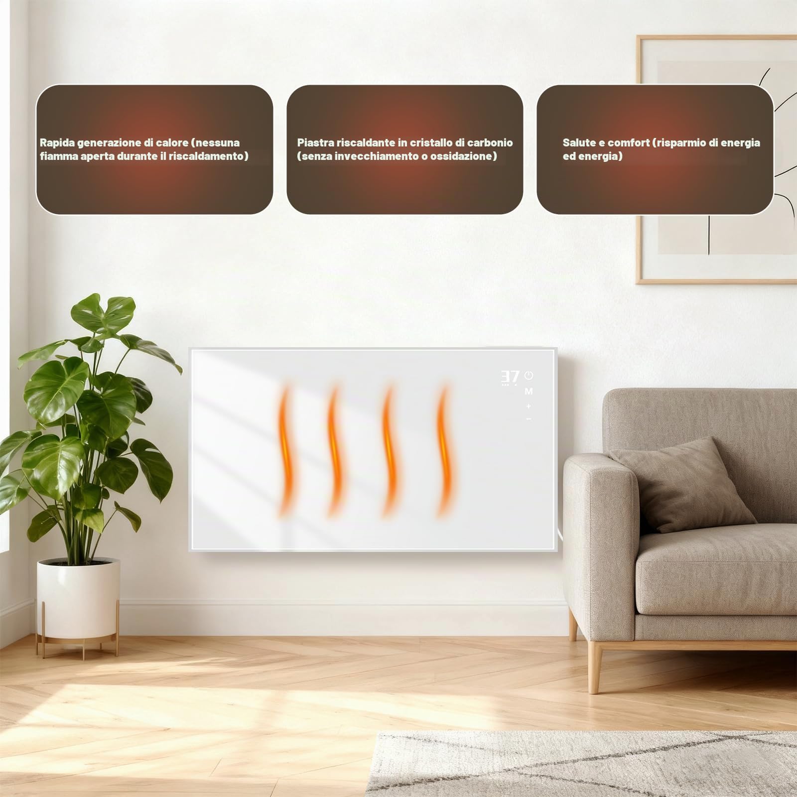 Pannello Riscaldante a Infrarossi da Parete, 450W, Silenzioso | Riscaldamento Elettrico con Telecomando e Controllo App, Timer 9 Ore, Protezione Surriscaldamento per Comfort Ottimale