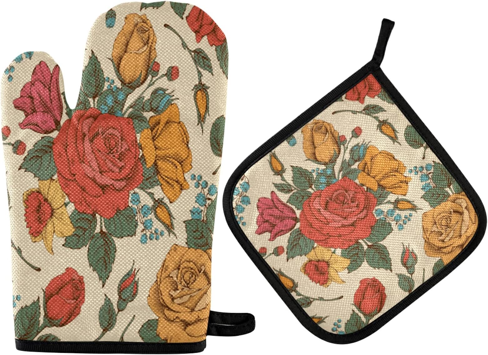 Dallonan Potholders and Oven Mitts Classic Luxury Victorian Rose Non Slip Heat Resistant Oven Mitts and Pot Holders Sets for Kitchens for Baking Finger Hand Wrist Protection, Polyester