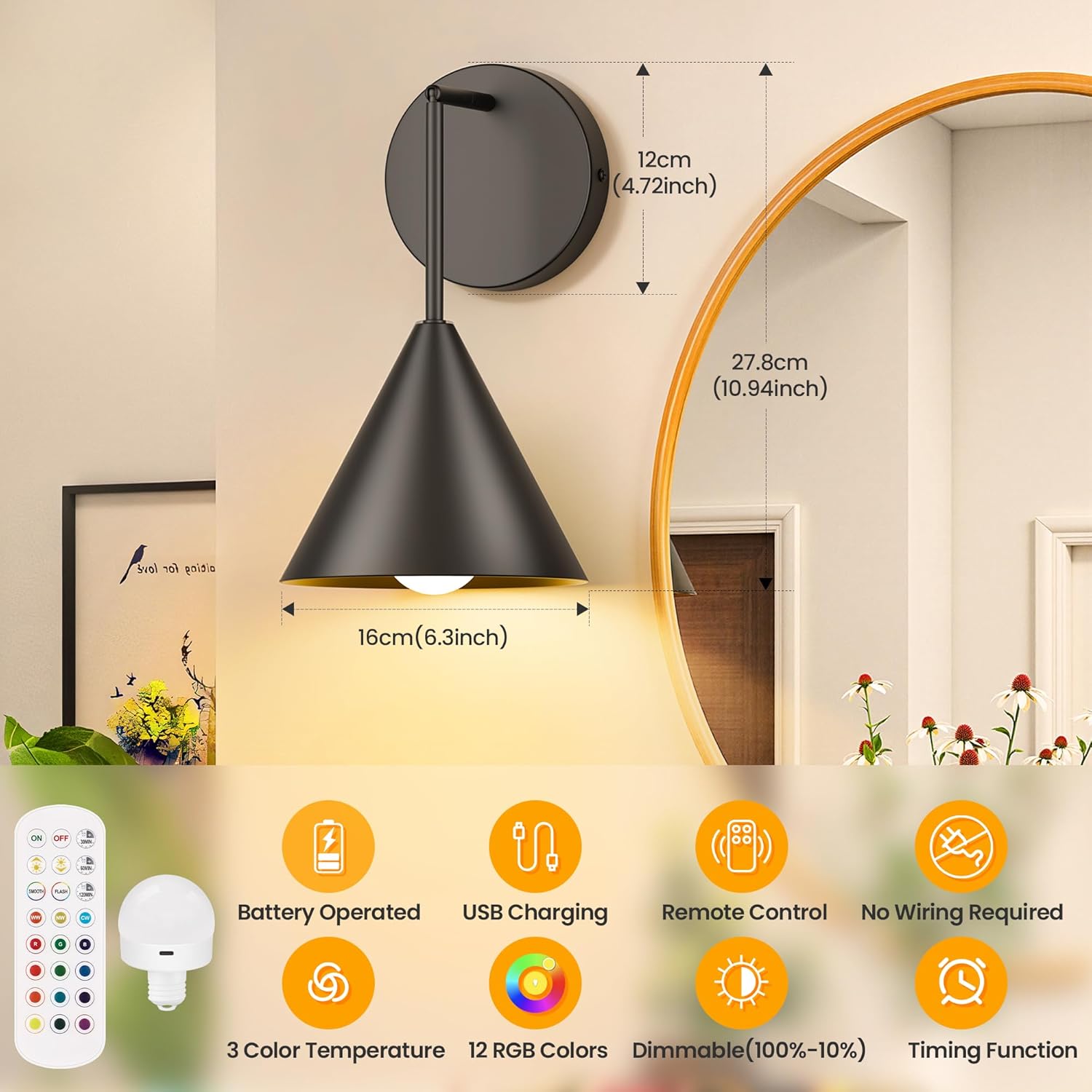 Rechargeable Wall Sconce Set of 2, Black Wireless Battery Operated Wall Lamp with Remote, Dimmable & Timer, Modern Industrial Indoor Light Fixture, Bulb Included