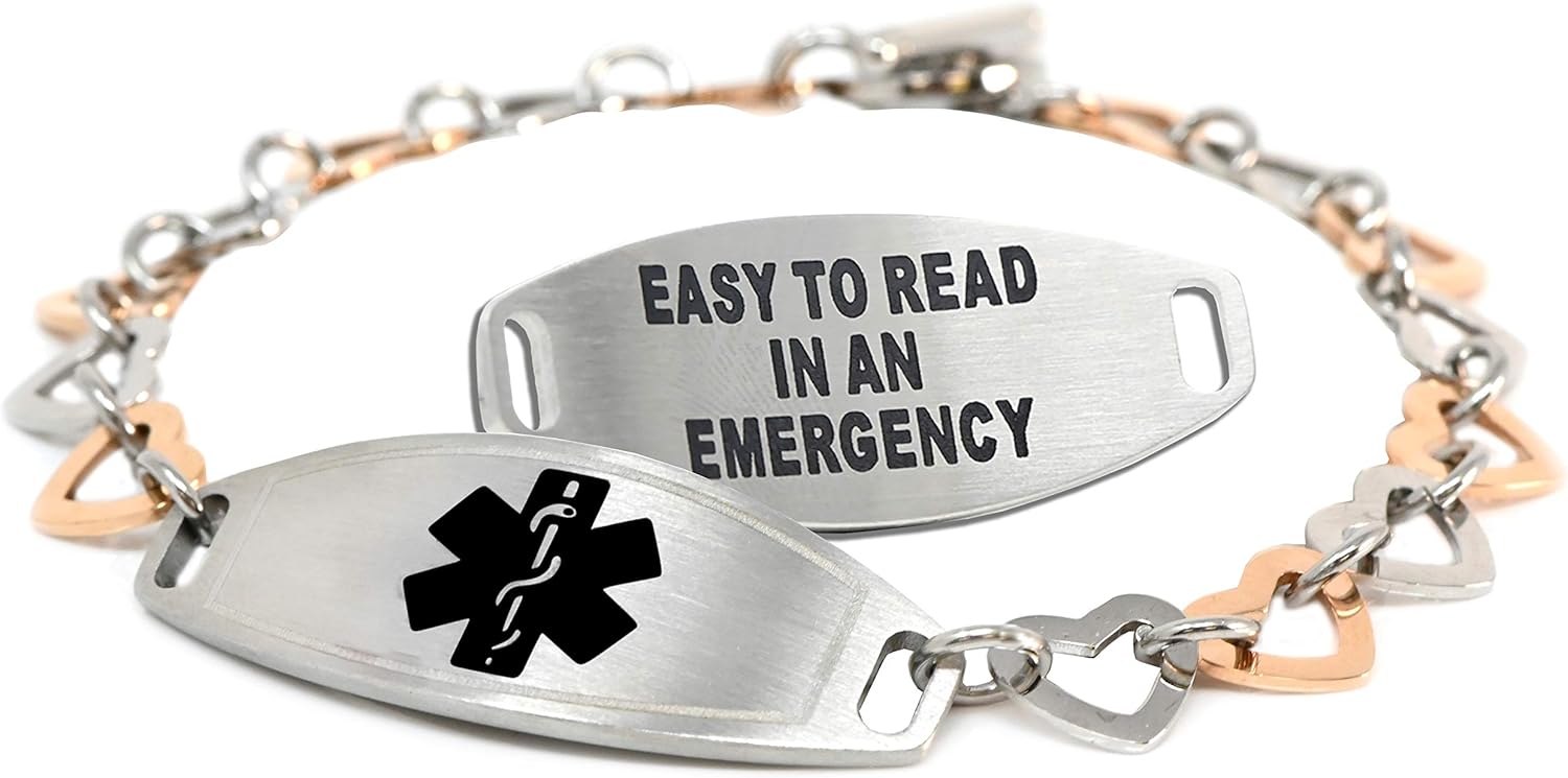 Medical ID Bracelet for Women with Free Engraving, Rose Gold Tone Stainless Steel