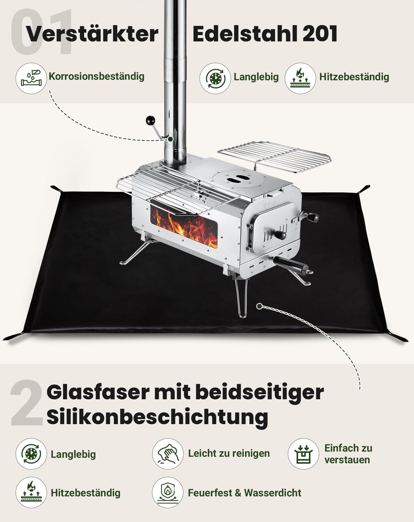 KingCamp Zeltofen,Tragbarer Edelstahl Camping Holzofen mit Hitzeschutzmatte | Mit Sichtscheibe, faltbarem Gestell & Grillfunktion, Rauchrohren, Aschekasten und Handschuhen für Zelt, Outdoor und Garten