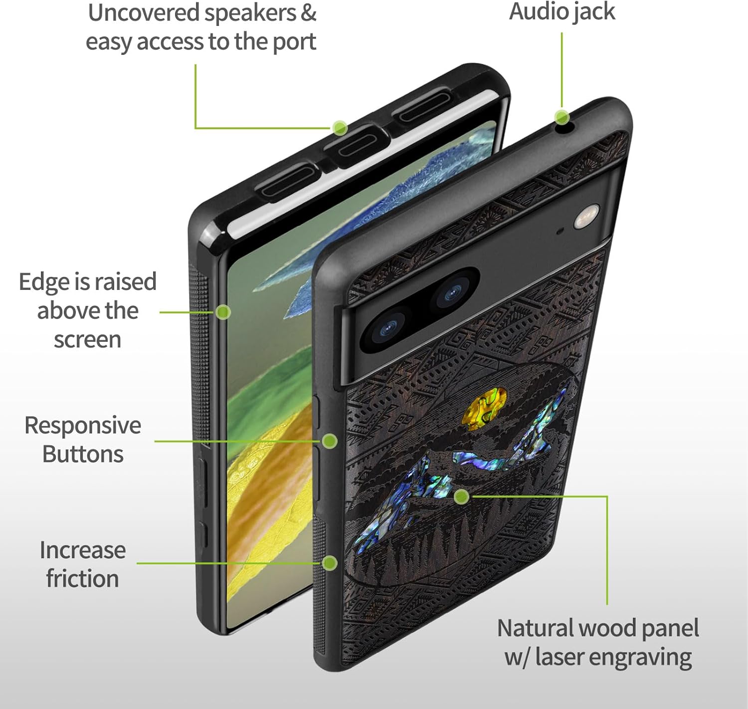 Carveit Designer Wooden Case for Google Pixel 8 Case Protective Cover [Wood Engraving & Shell Inlay] Compatible with Wireless Chargers Pixel 8 (Aztec Alpine Lakes-Blackwood)
