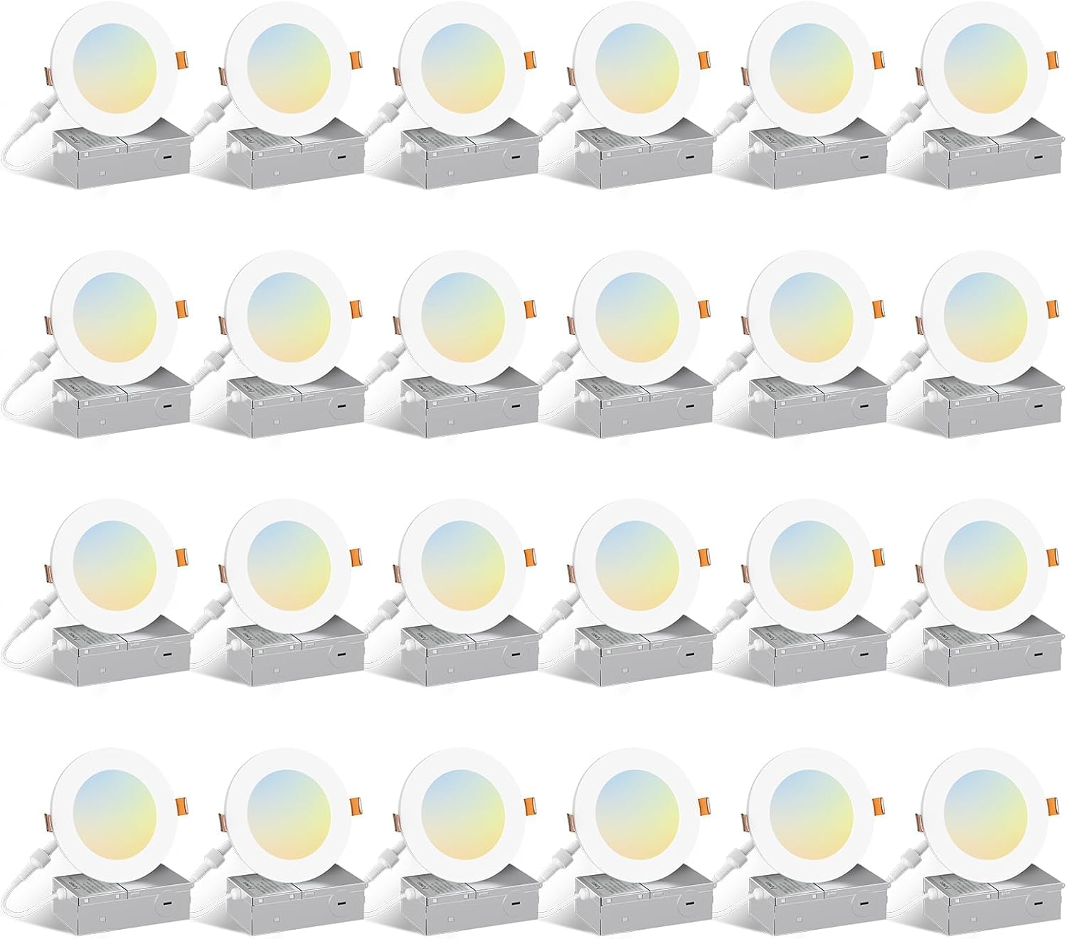 Amico 24 Pack 4 Inch 5CCT Ultra-Thin LED Recessed Light with Junction Box, 2700K/3000K/4000K/5000K/6000K Selectable, 700LM Brightness, Dimmable Canless Wafer Downlight, 10W Eqv 60W-ETL&FCC