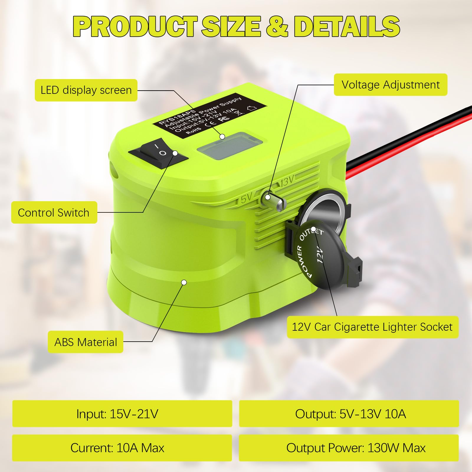 Convertidor reductor para batería Ryobi de 18 V, adaptador de batería de ruedas eléctricas, adaptador de enchufe para encendedor de cigarrillos, adaptador de bricolaje, regulador de voltaje