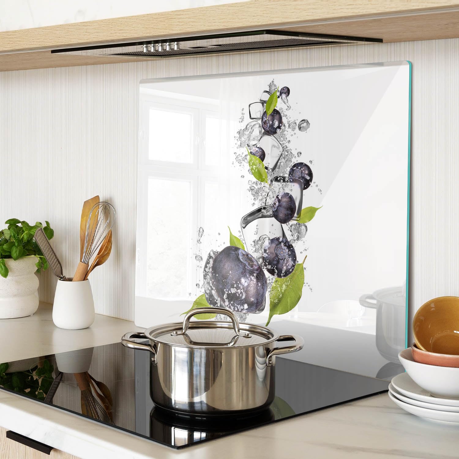 Tagliere in Vetro 60x52 cm Facile da Pulire Rettangolare con Stampe da Cucina Antigraffio Durevole e Igienico con Piedini Antiscivolo Resistente al Calore - Mirtilli con gelato