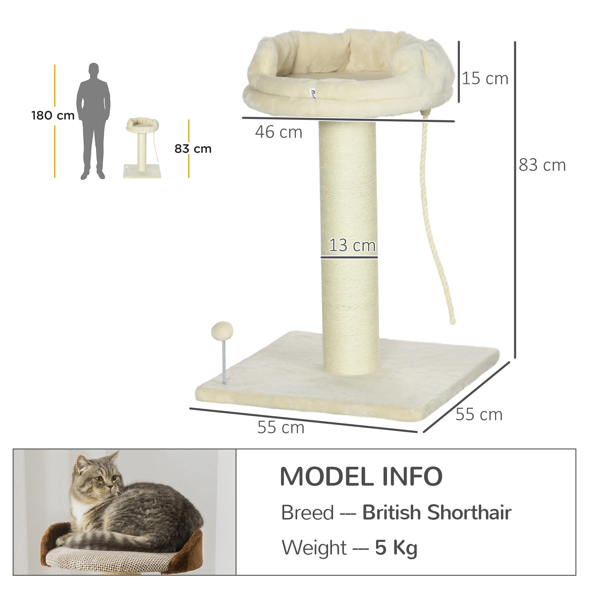 PawHut Árbol para Gatos de 83 cm, Torre para Gatos de Interior con Postes rascadores de sisal, Cama ampliada para Gatitos, Pelota y Juguete de Cuerda, Color Crema