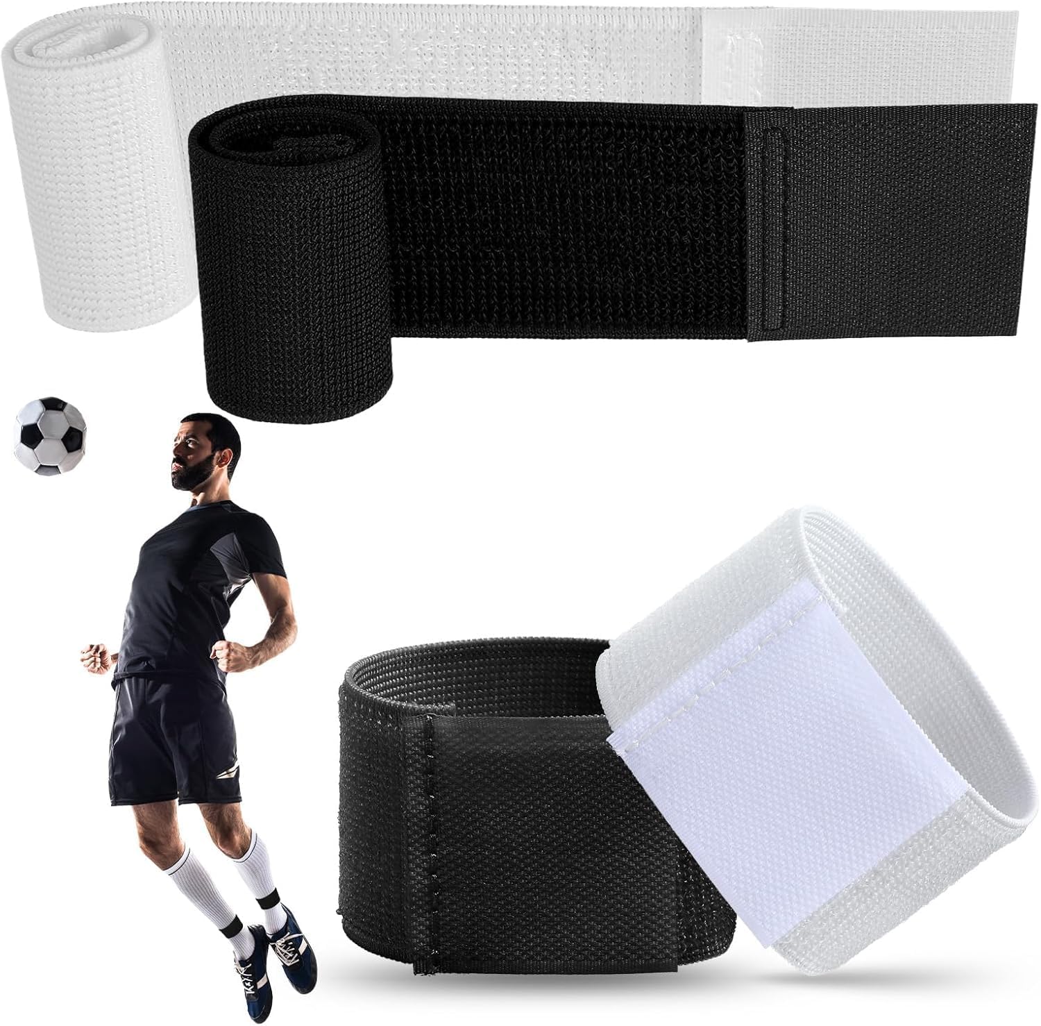 Adjustable Soccer Shin Guard Straps, Non Slip Football Shin Pad Holder, Lightweight Ankle Protective Bands for Kids Youth Adults Running Cycling Training Sports, Black White, 4 Pcs