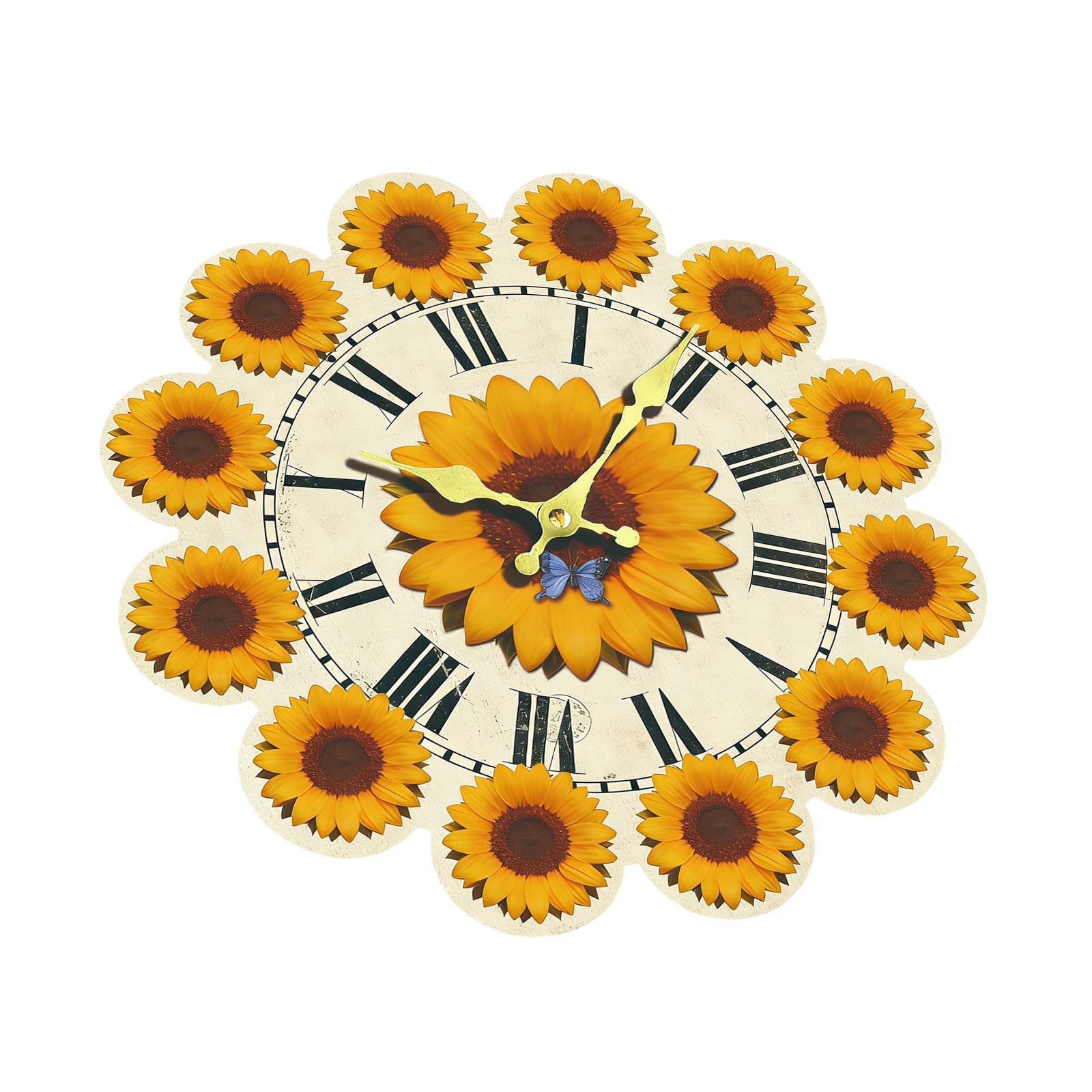 XuQiZZpp Quiet Movement Sunflowers 2D Effect Wooden Frameless Wall Clock Accurate Timekeeping Simple Installation Home Accent
