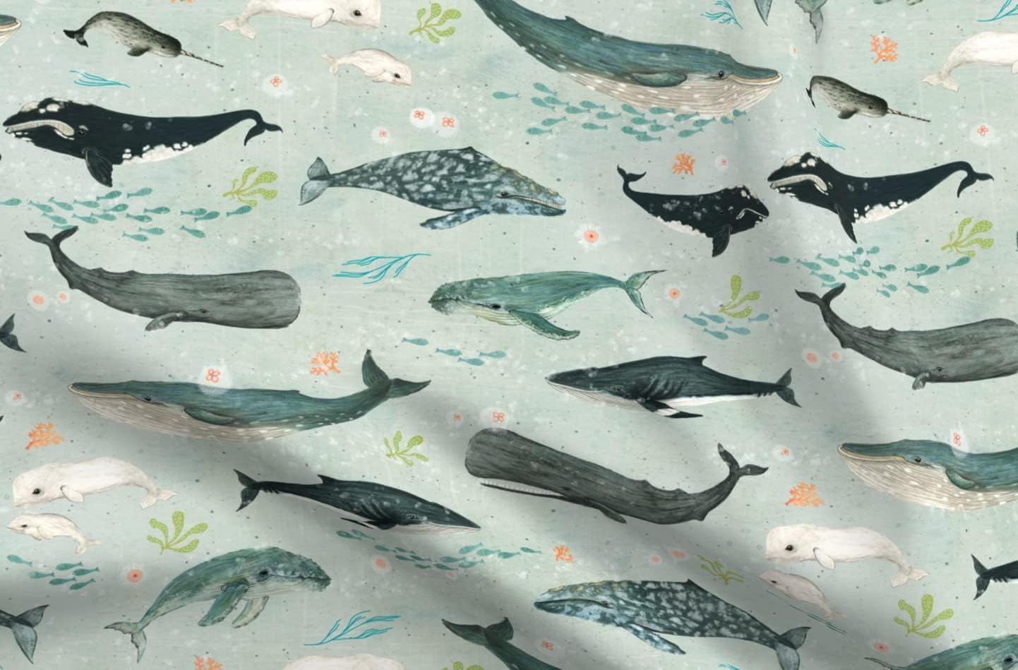 Spoonflower Fabric - Whales Green Blue Orange Fish Sea Ocean Jellyfish Pod Whale Humpback Printed on Organic Cotton Sateen Fabric by The Yard - Sewing Quilting Apparel Home Decor