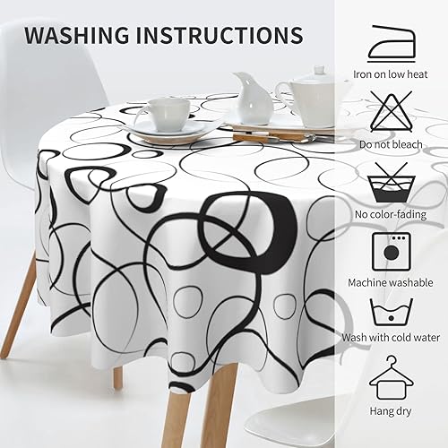 Miniatura 6 de Mantel decorativo de poliéster lavable estilo línea circular color negro bohemio, mantel redondo impermeable de 60 pulgadas