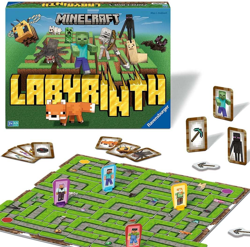 Ravensburger Minecraft Labyrinth - A Strategic Maze Challenge Featuring Steve, Alex, Creepers, Spiders,Llamas, and More - Fun Family Game for 2-4 Players - Ages 7 and Up