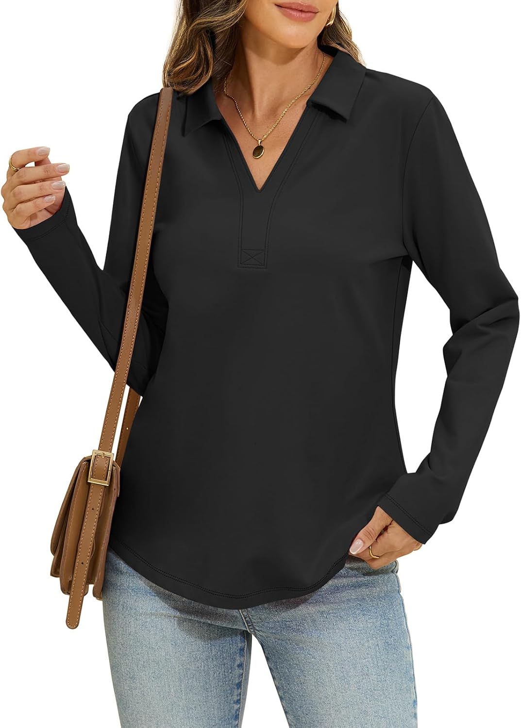 EasyGala Womens Cotton Long Sleeve Polo Shirts Casual V Neck Collared Tops Loose Fit Work Blouses Spring Outfits 2026