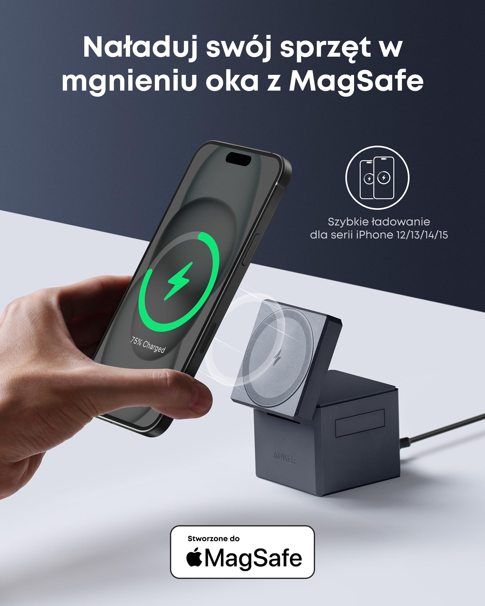Ładowarka indukcyjna Anker MagSafe z podstawką, bezprzewodowa ładowarka do iPhone'a 16, kostka 3 w 1 z MagSafe, składana podstawka do szybkiego ładowania 15 W | Maksymalna moc bezprzewodowa 15 W, kompatybilna z iPhone 17, 16, 15, 14, Apple Watch serii 1-7