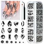qiipii Mine Black Nail Rhinestones Multi Shapes Metallic Black Rhinestones for Nails Flatback Nail Gems K9 Glass Round Beads Stones Diamonds Nail Charms Art for Nails Faces Eyes Makeup Crafts DIY