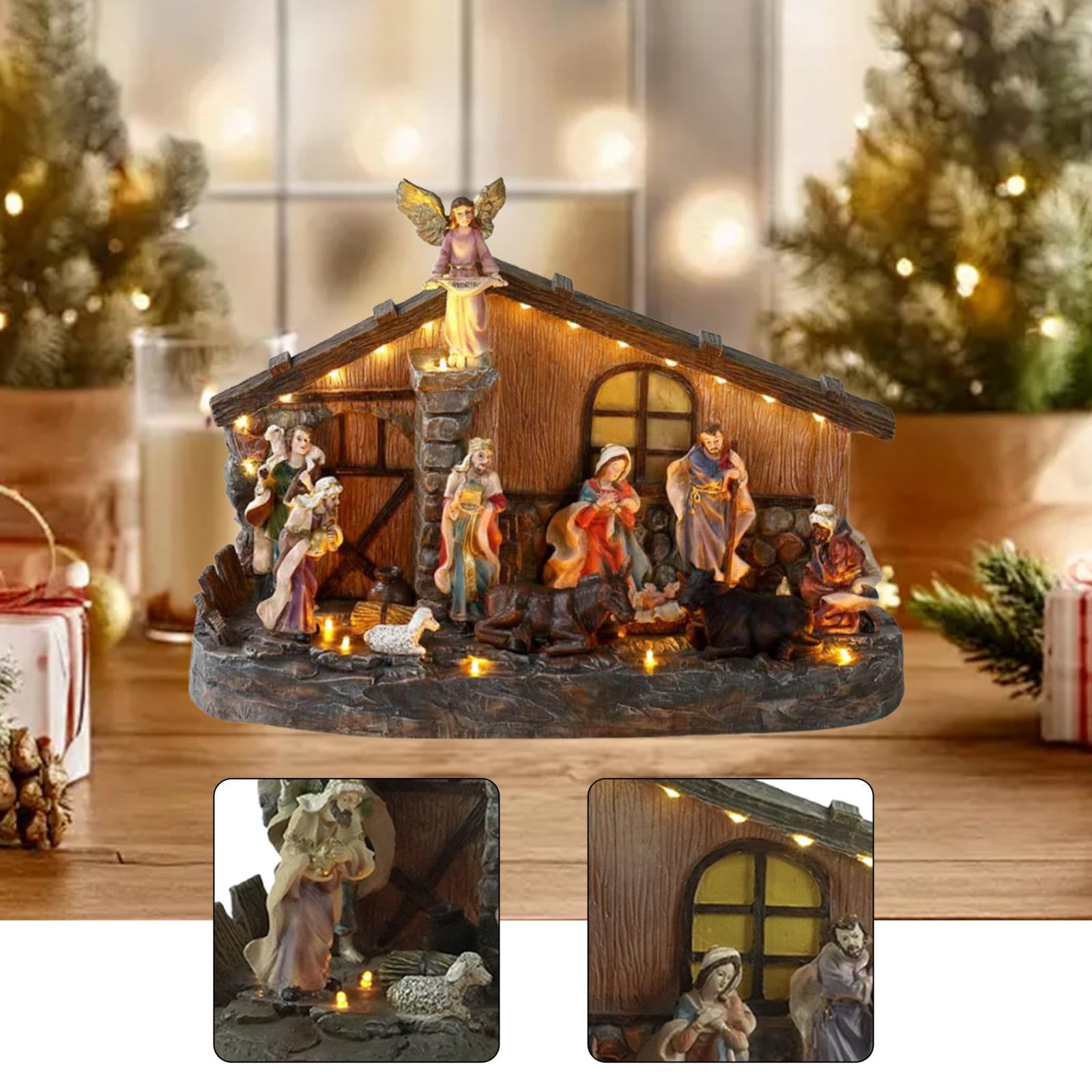 Decorazione natalizia per presepe, decorazione per casa illuminata con musica per soggiorno, feste in casa