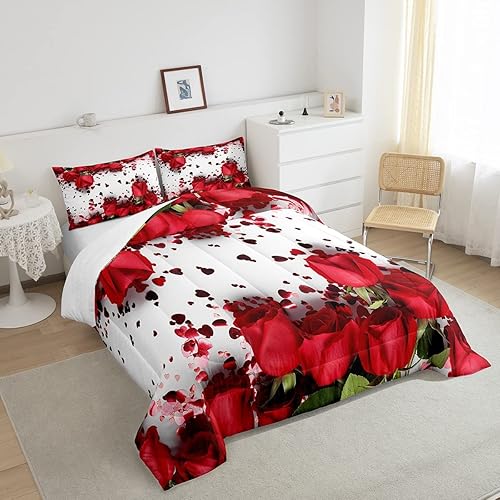 Miniatura 4 de Feelyou Juego de edredón de pétalos de rosas rojas, ramo floral, diseño botánico, juego de edredón de microfibra romántica de flores, juego de